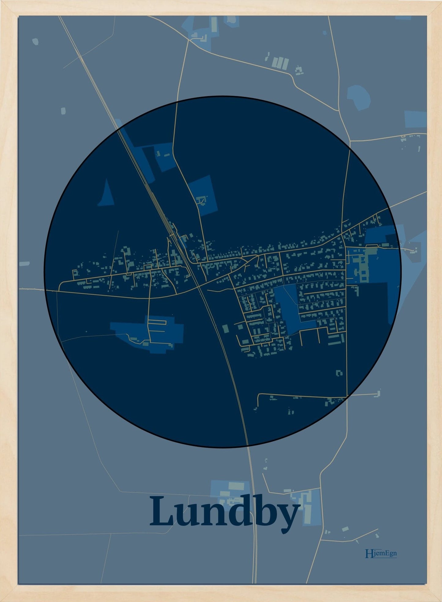 Lundby plakat i farve mørk blå og HjemEgn.dk design centrum. Design bykort for Lundby