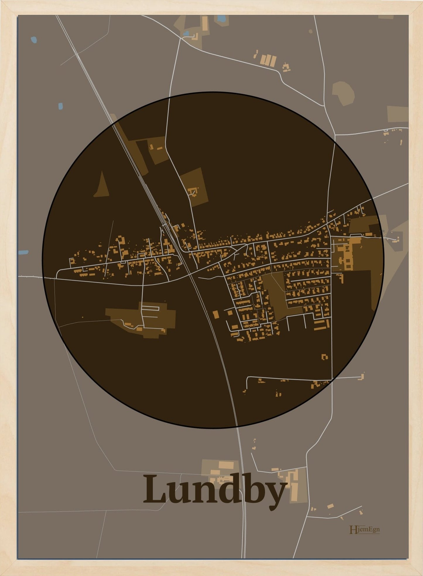 Lundby plakat i farve mørk brun og HjemEgn.dk design centrum. Design bykort for Lundby