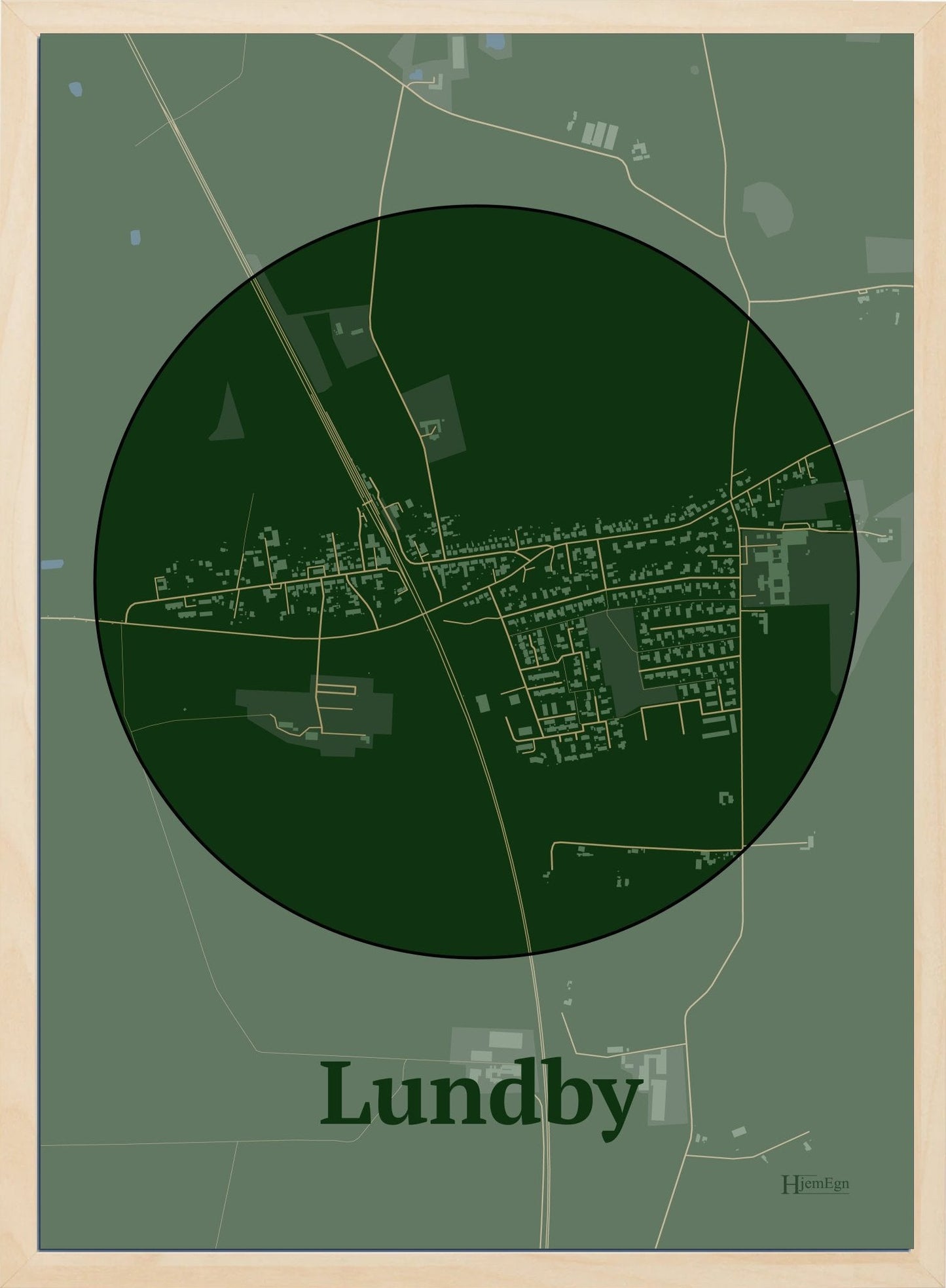 Lundby plakat i farve mørk grøn og HjemEgn.dk design centrum. Design bykort for Lundby