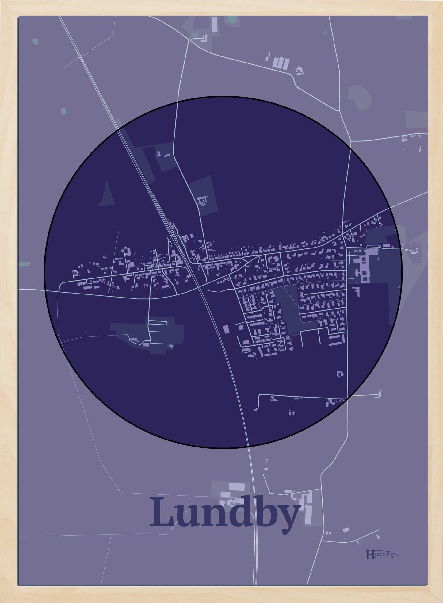 Lundby plakat i farve mørk lilla og HjemEgn.dk design centrum. Design bykort for Lundby