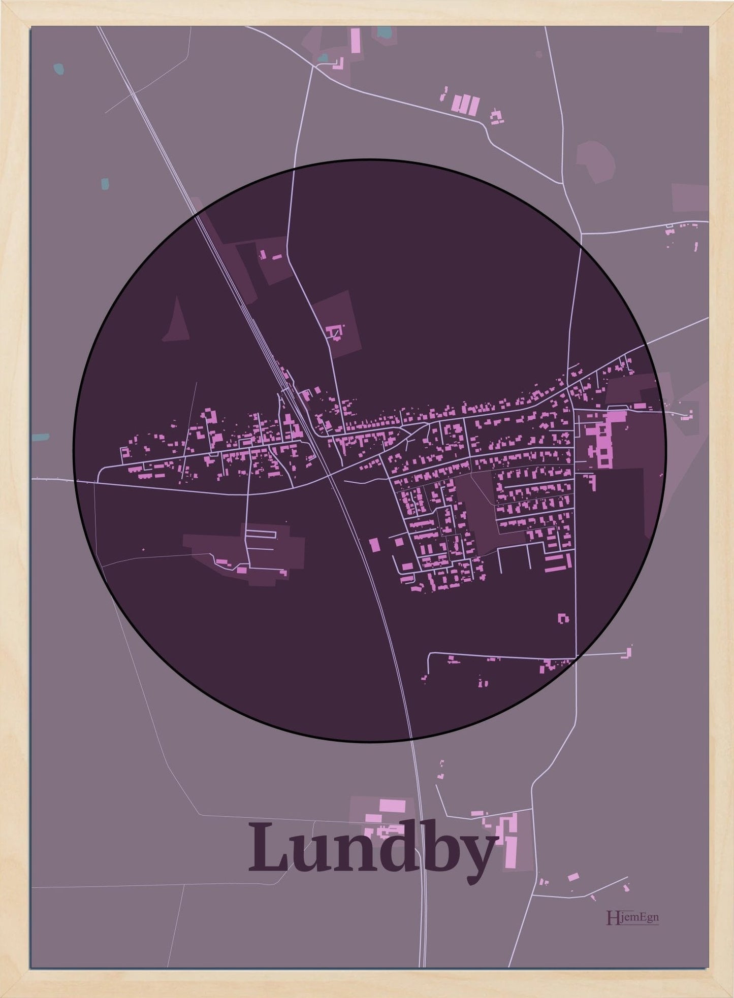 Lundby plakat i farve mørk rød og HjemEgn.dk design centrum. Design bykort for Lundby