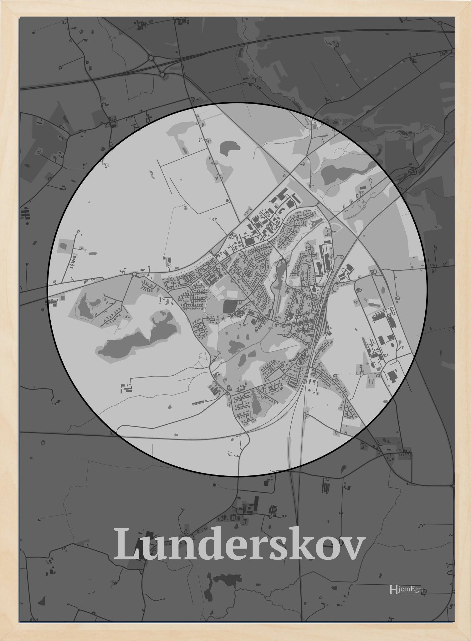 Lunderskov plakat i farve pastel grå og HjemEgn.dk design centrum. Design bykort for Lunderskov