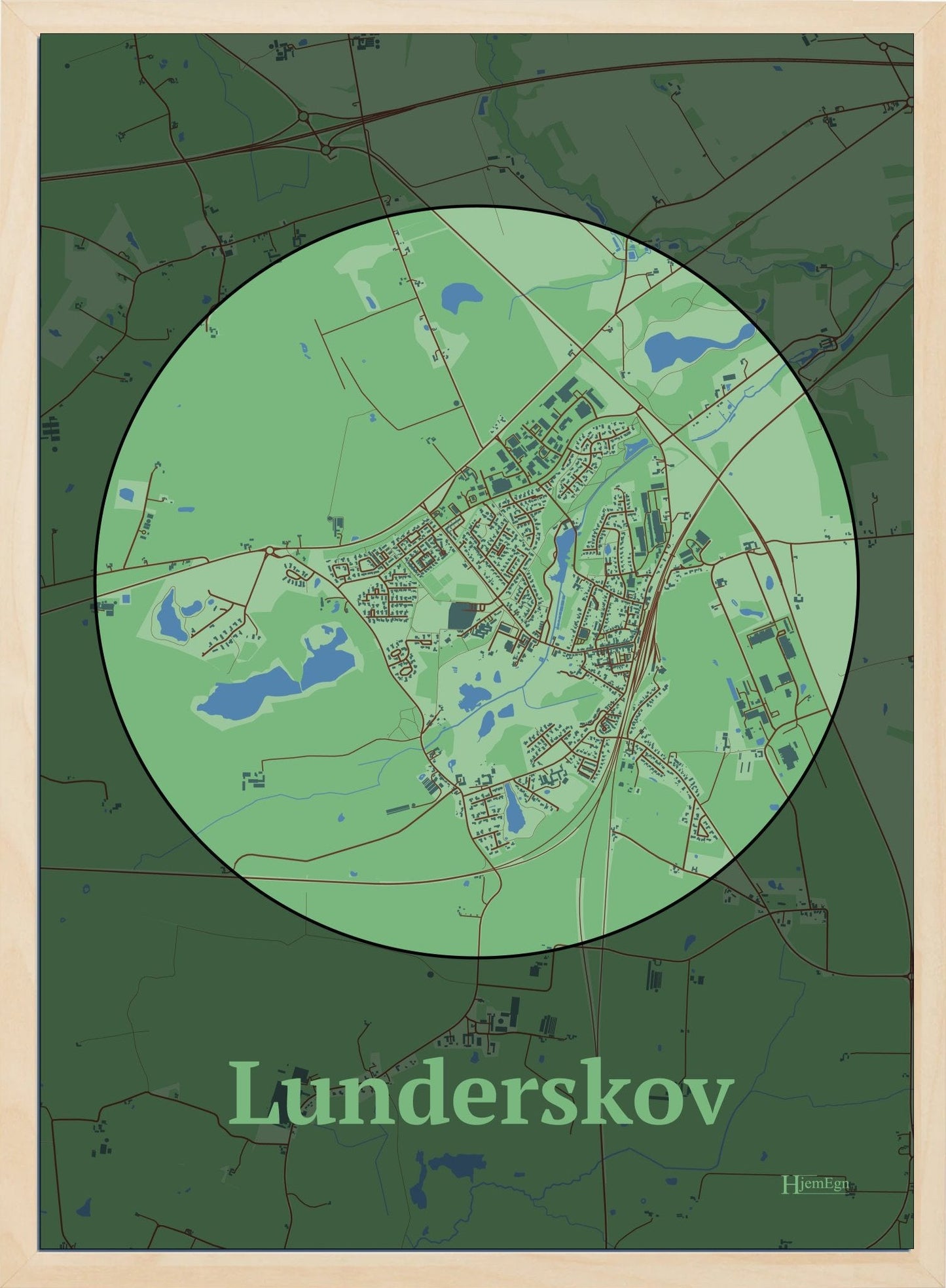 Lunderskov plakat i farve pastel grøn og HjemEgn.dk design centrum. Design bykort for Lunderskov