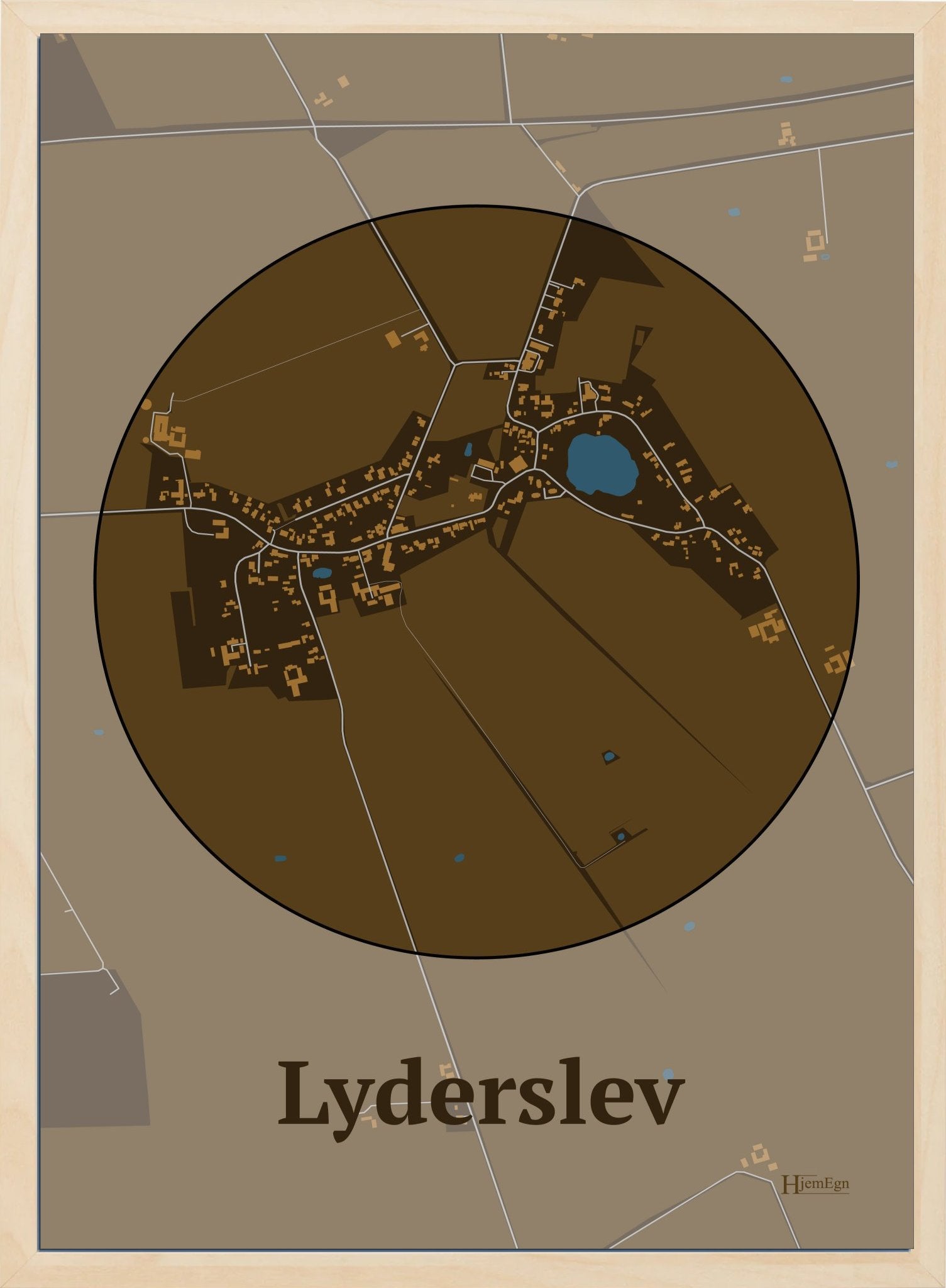 Lyderslev plakat i farve mørk brun og HjemEgn.dk design centrum. Design bykort for Lyderslev