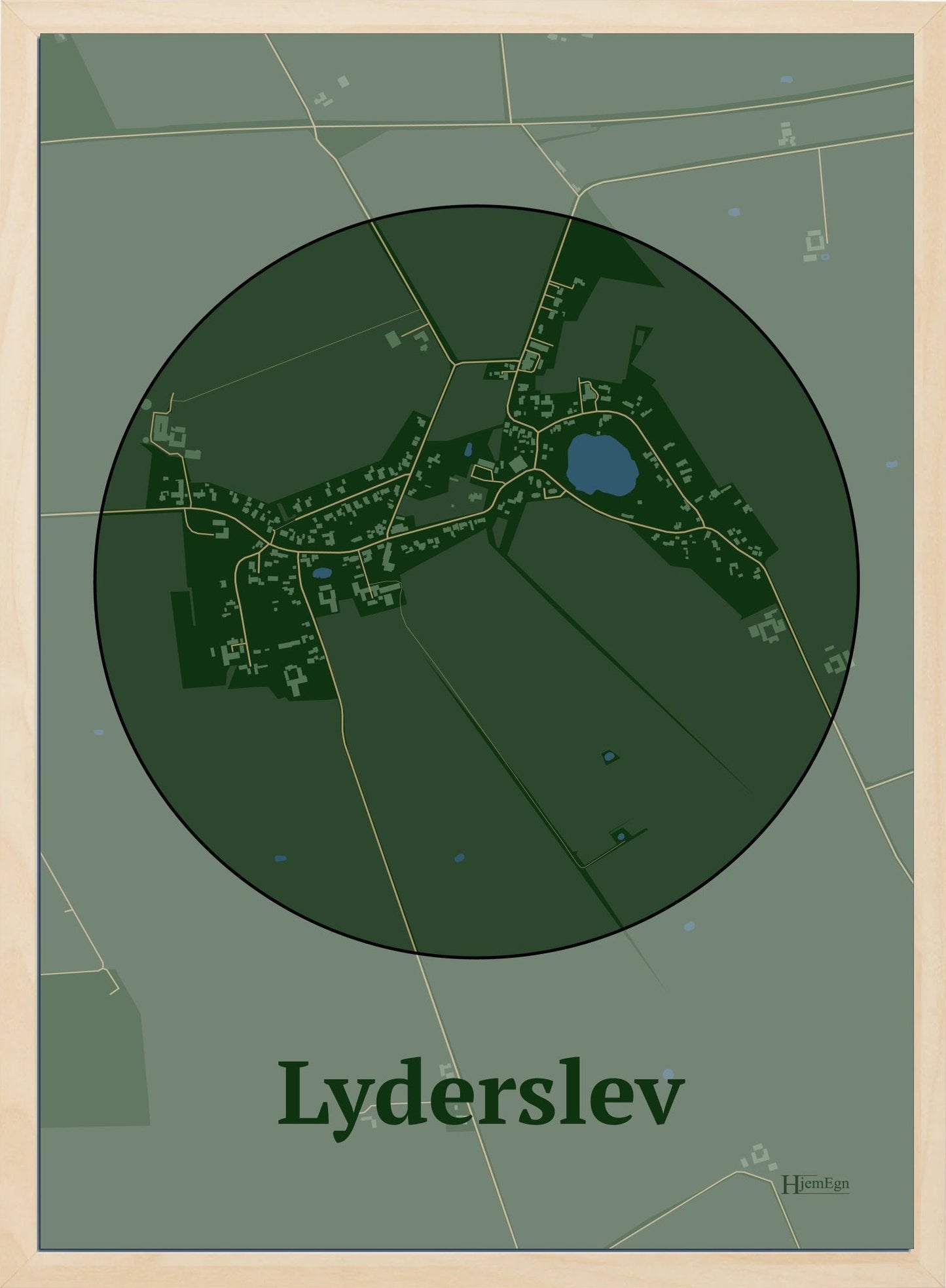 Lyderslev plakat i farve mørk grøn og HjemEgn.dk design centrum. Design bykort for Lyderslev