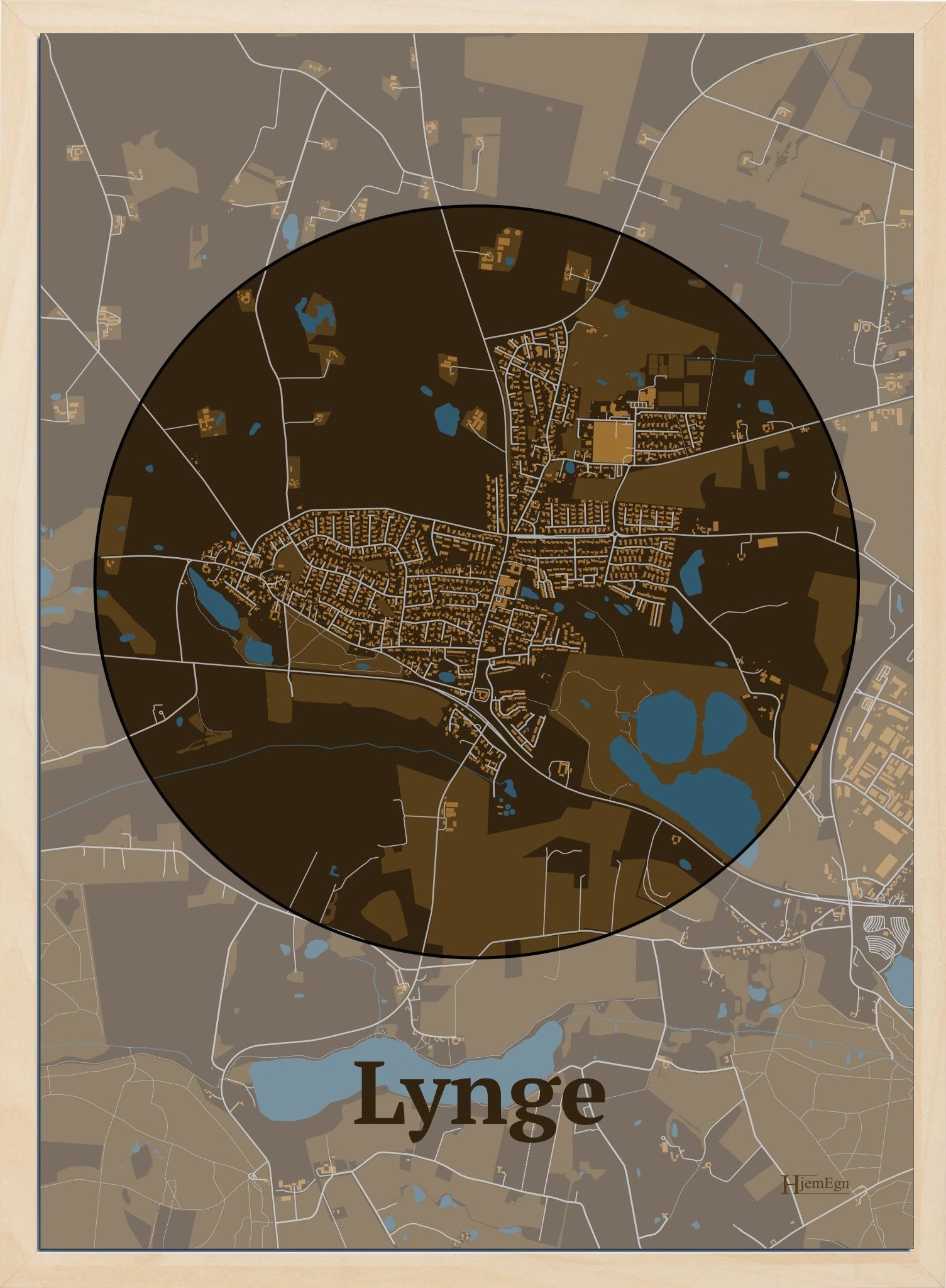 Lynge plakat i farve mørk brun og HjemEgn.dk design centrum. Design bykort for Lynge
