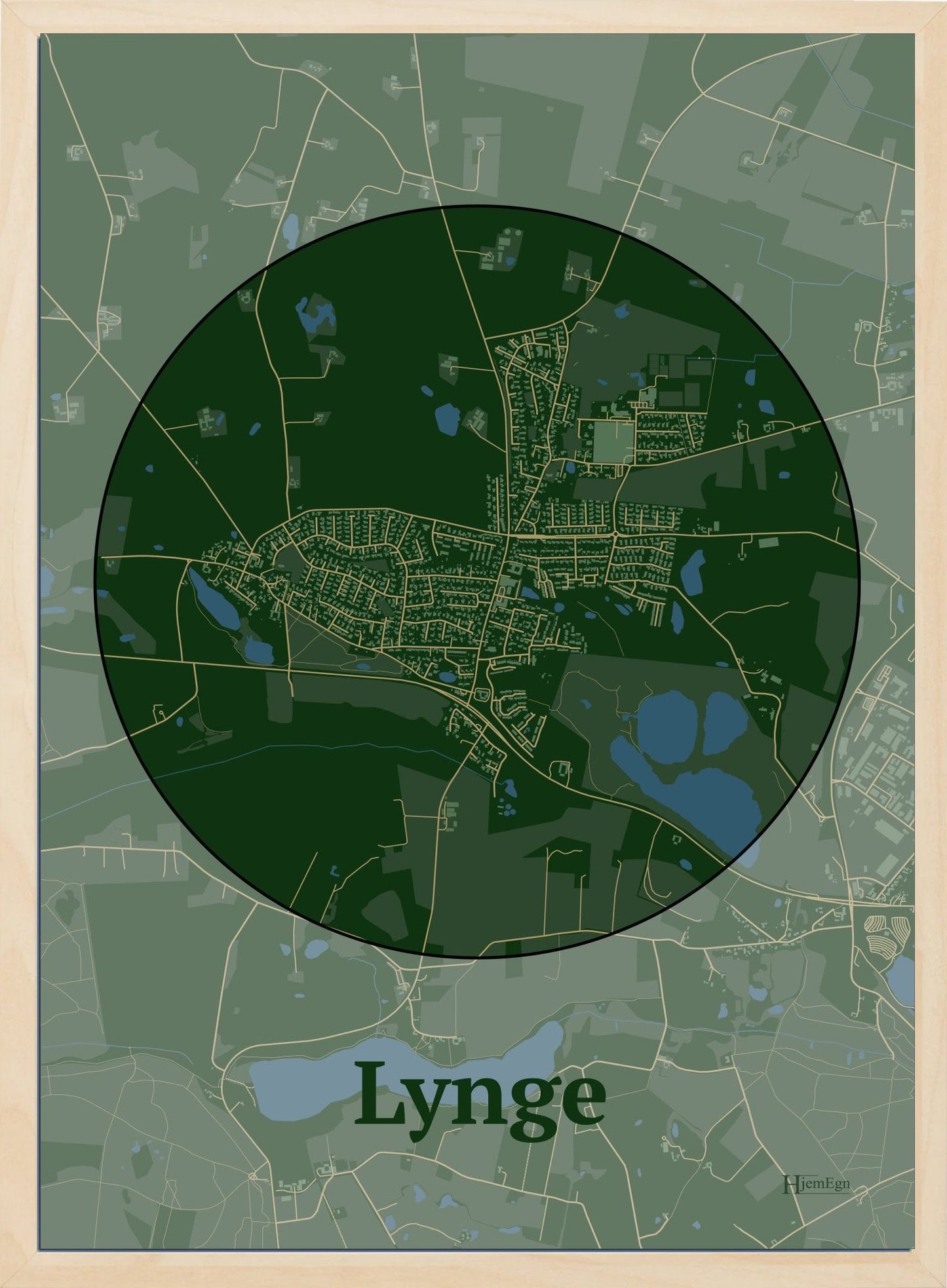 Lynge plakat i farve mørk grøn og HjemEgn.dk design centrum. Design bykort for Lynge