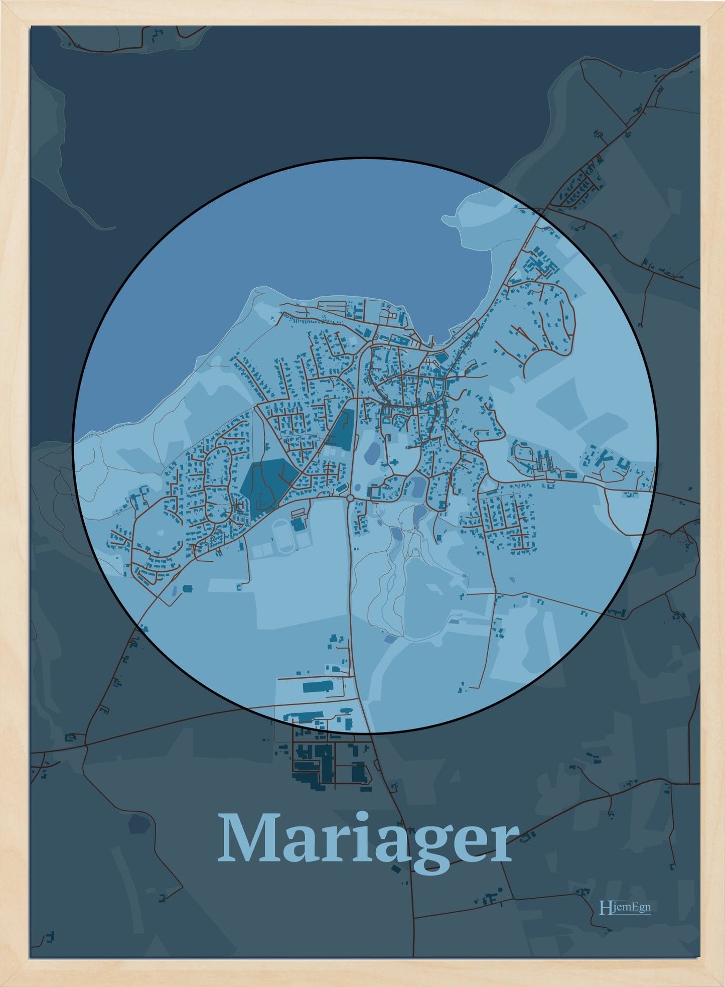 Mariager plakat i farve pastel blå og HjemEgn.dk design centrum. Design bykort for Mariager