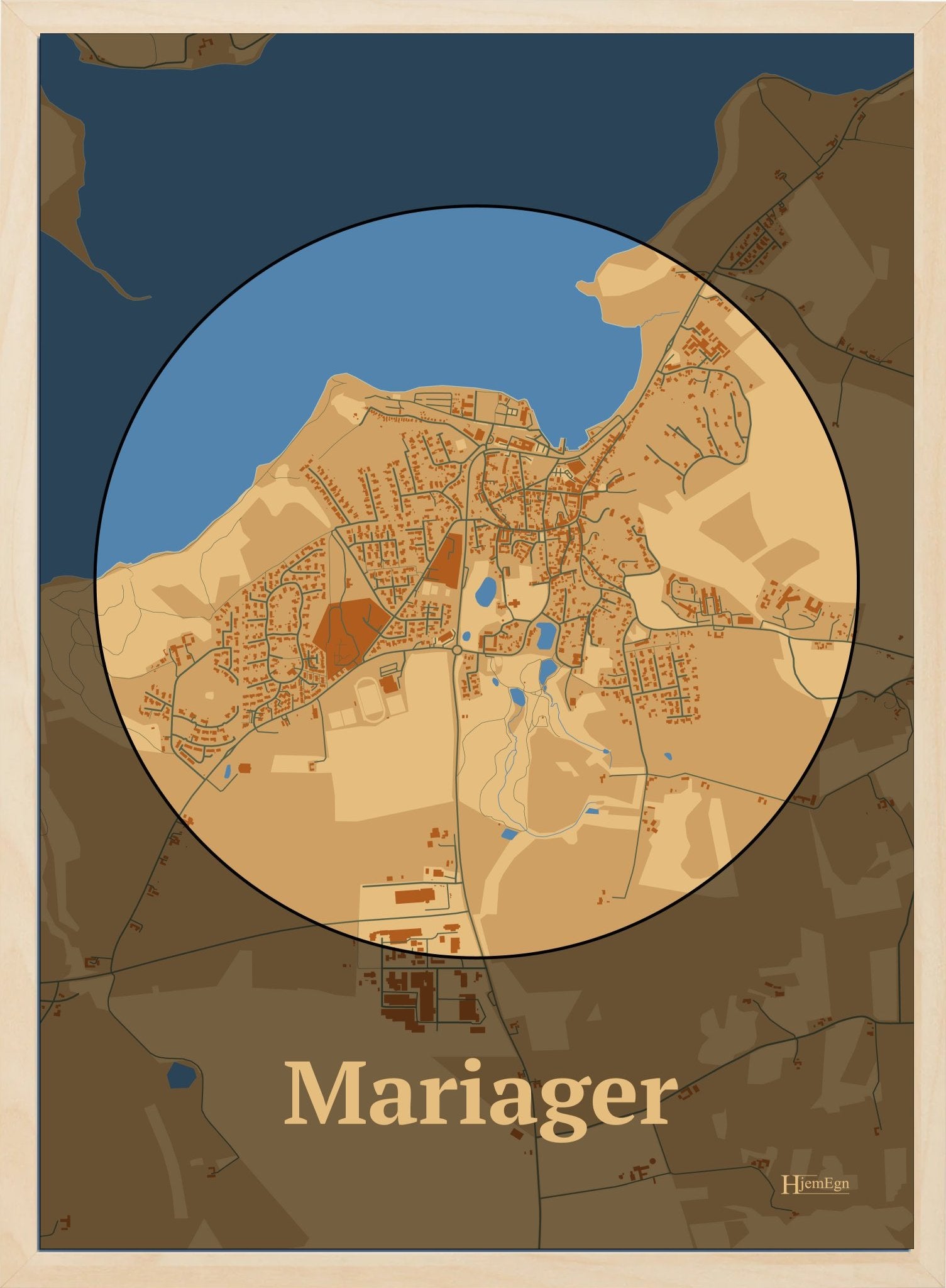 Mariager plakat i farve pastel brun og HjemEgn.dk design centrum. Design bykort for Mariager