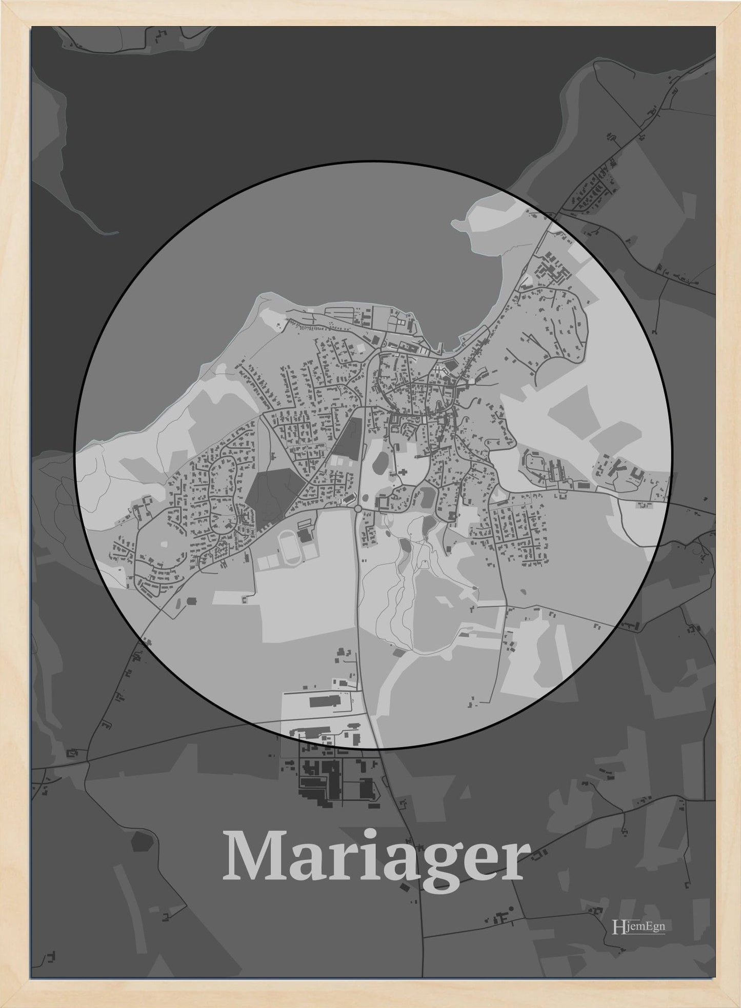 Mariager plakat i farve pastel grå og HjemEgn.dk design centrum. Design bykort for Mariager