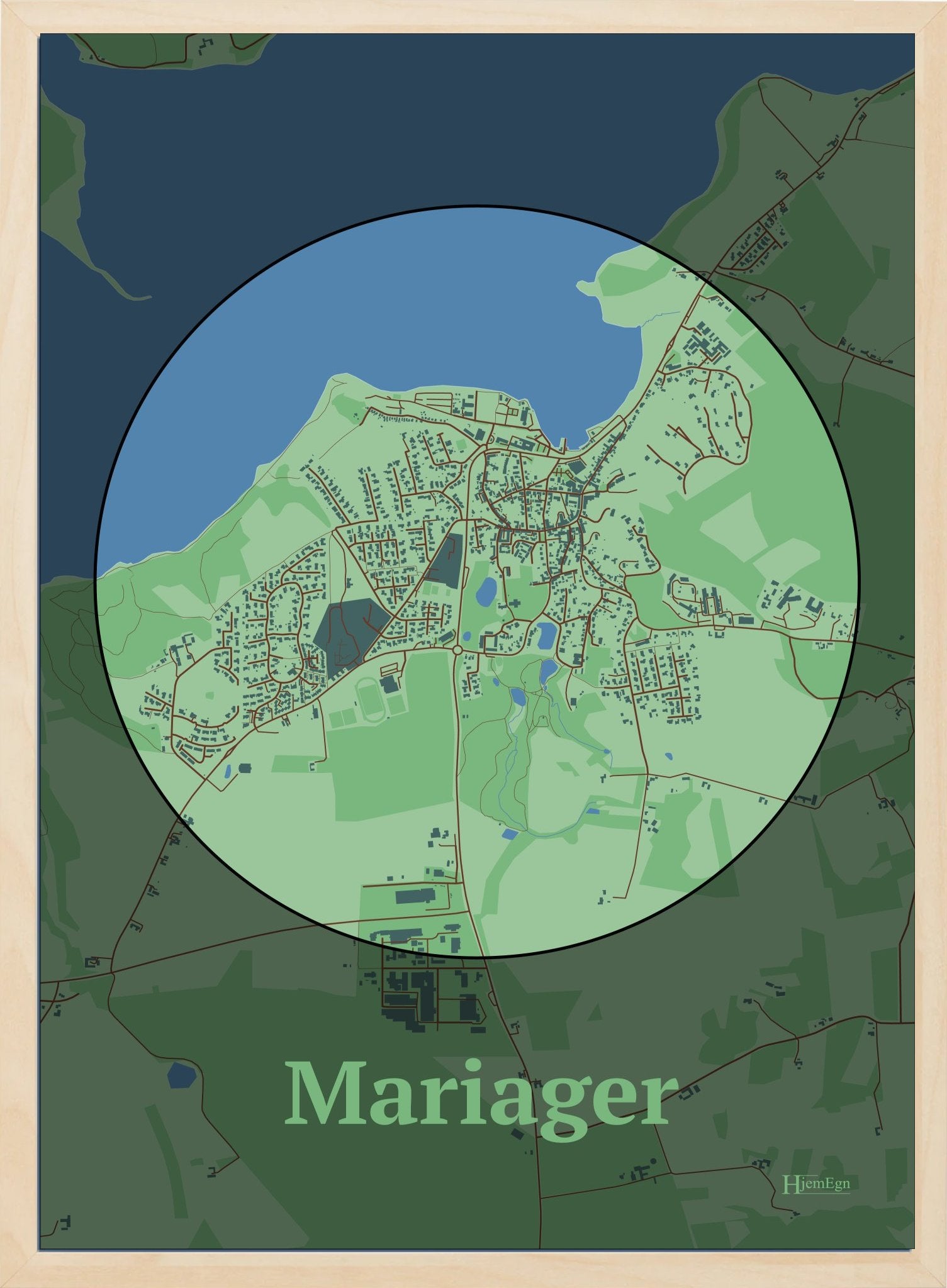 Mariager plakat i farve pastel grøn og HjemEgn.dk design centrum. Design bykort for Mariager