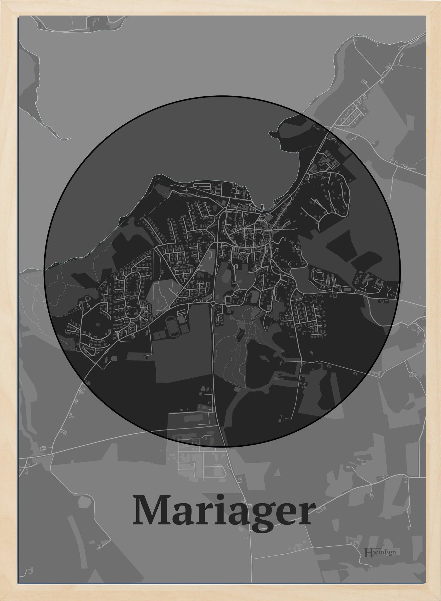 Mariager plakat i farve mørk grå og HjemEgn.dk design centrum. Design bykort for Mariager