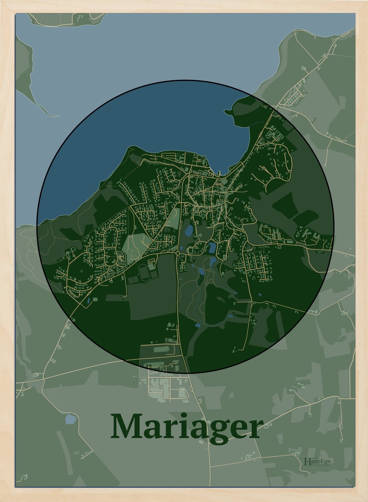 Mariager plakat i farve mørk grøn og HjemEgn.dk design centrum. Design bykort for Mariager