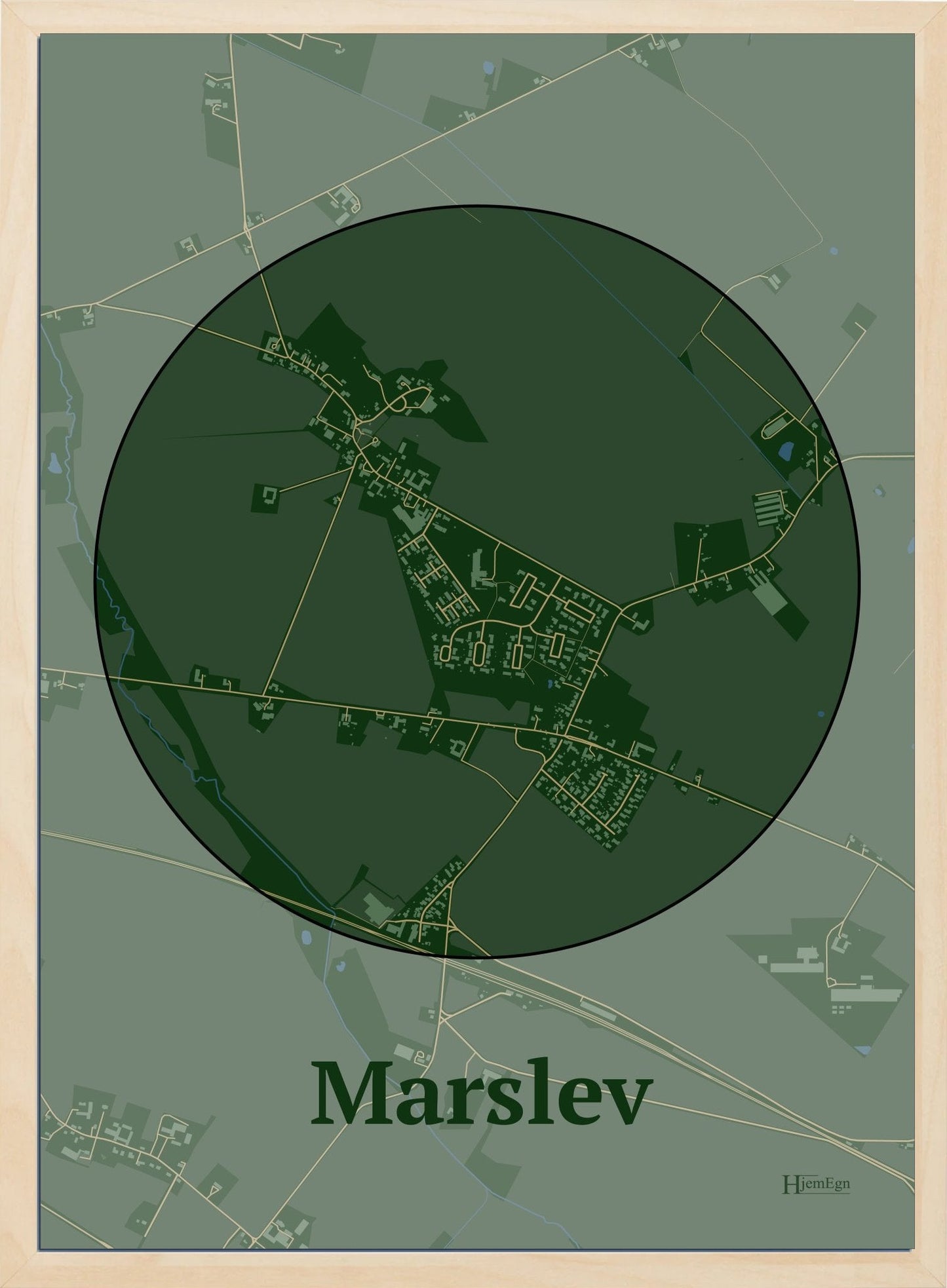 Marslev plakat i farve mørk grøn og HjemEgn.dk design centrum. Design bykort for Marslev