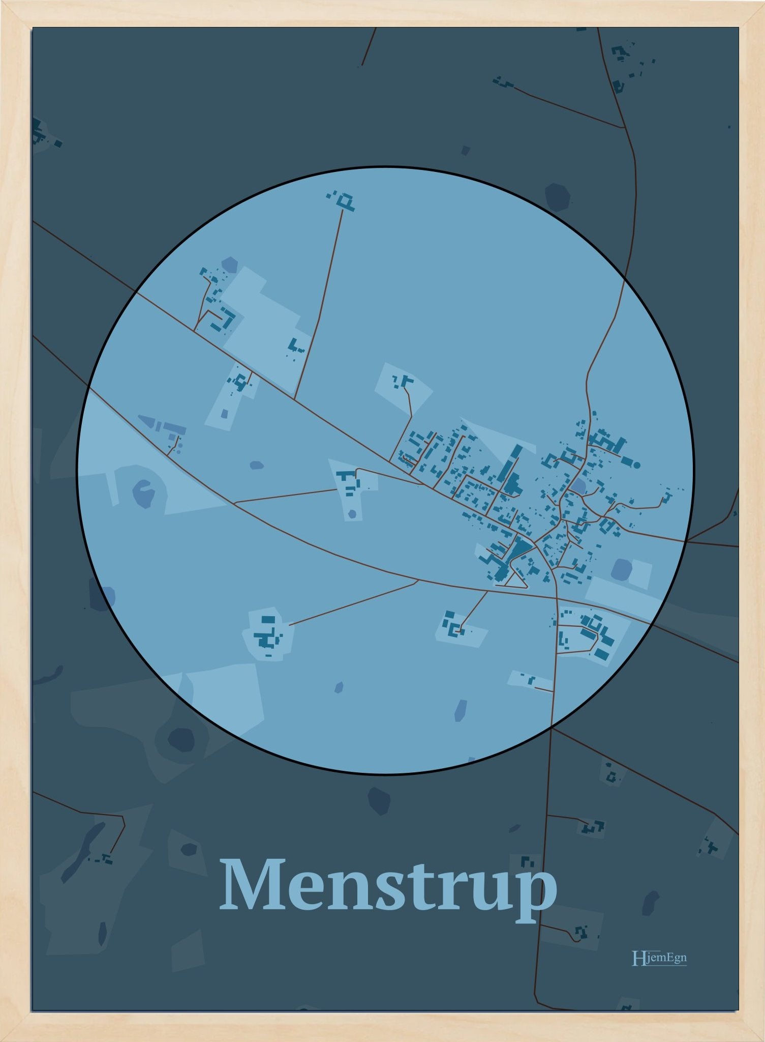 Menstrup plakat i farve pastel blå og HjemEgn.dk design centrum. Design bykort for Menstrup