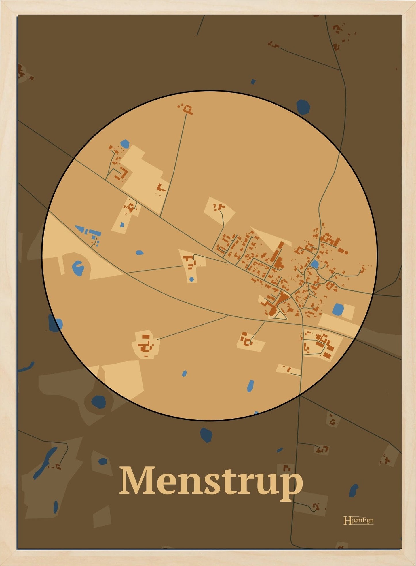 Menstrup plakat i farve pastel brun og HjemEgn.dk design centrum. Design bykort for Menstrup
