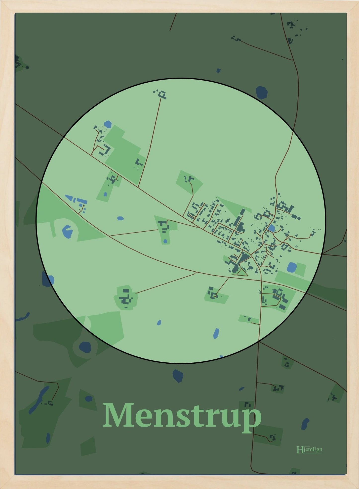Menstrup plakat i farve pastel grøn og HjemEgn.dk design centrum. Design bykort for Menstrup