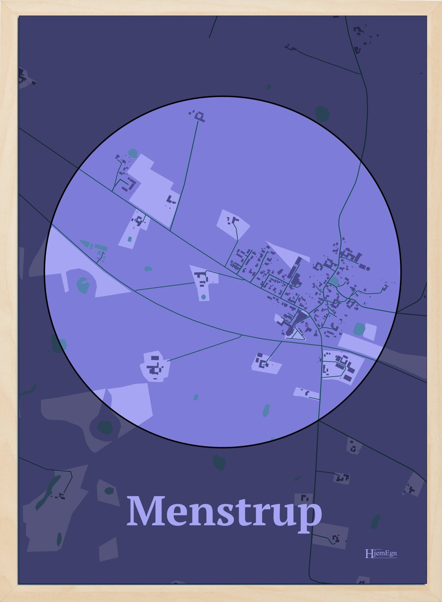 Menstrup plakat i farve pastel lilla og HjemEgn.dk design centrum. Design bykort for Menstrup