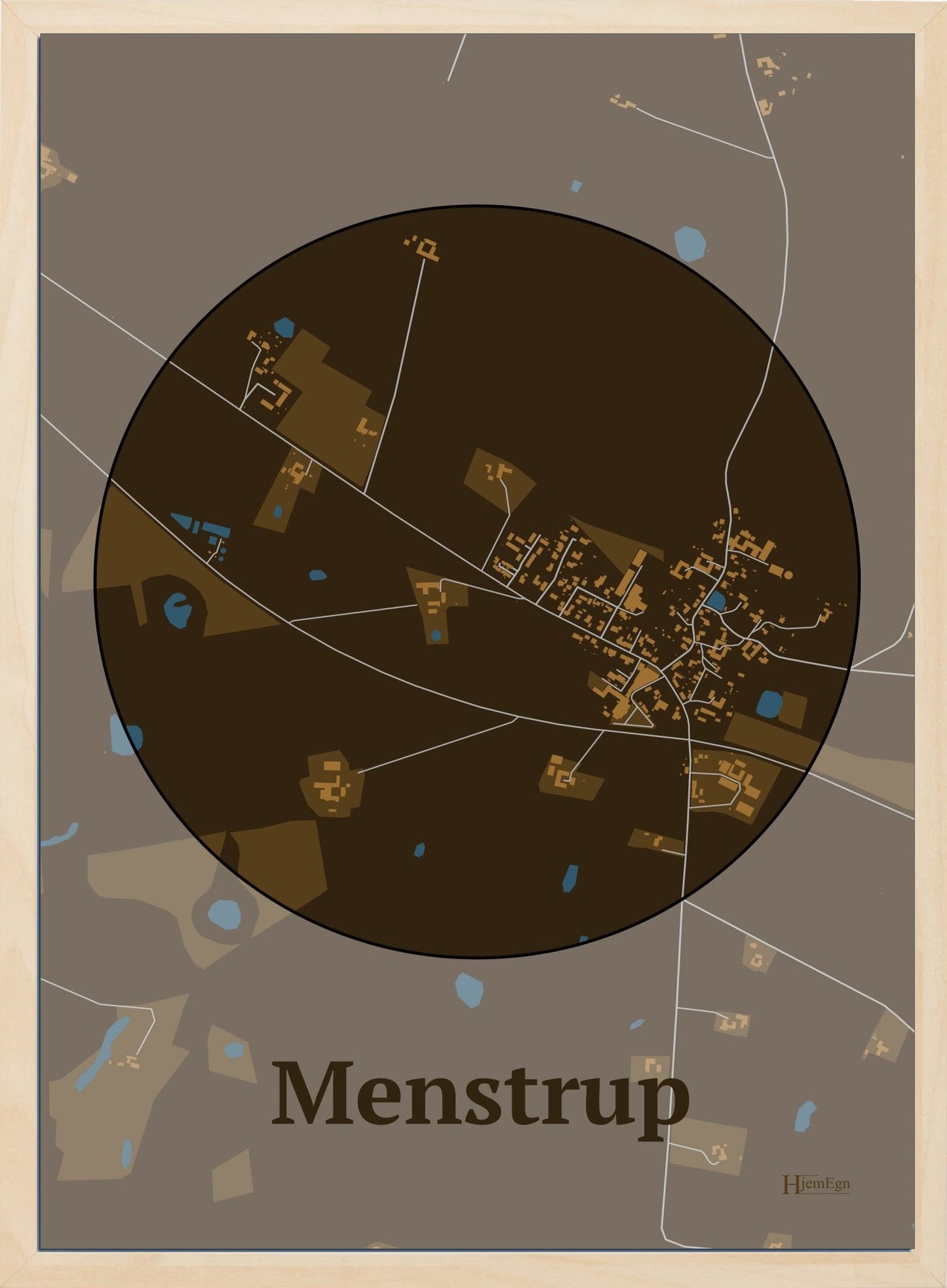 Menstrup plakat i farve mørk brun og HjemEgn.dk design centrum. Design bykort for Menstrup