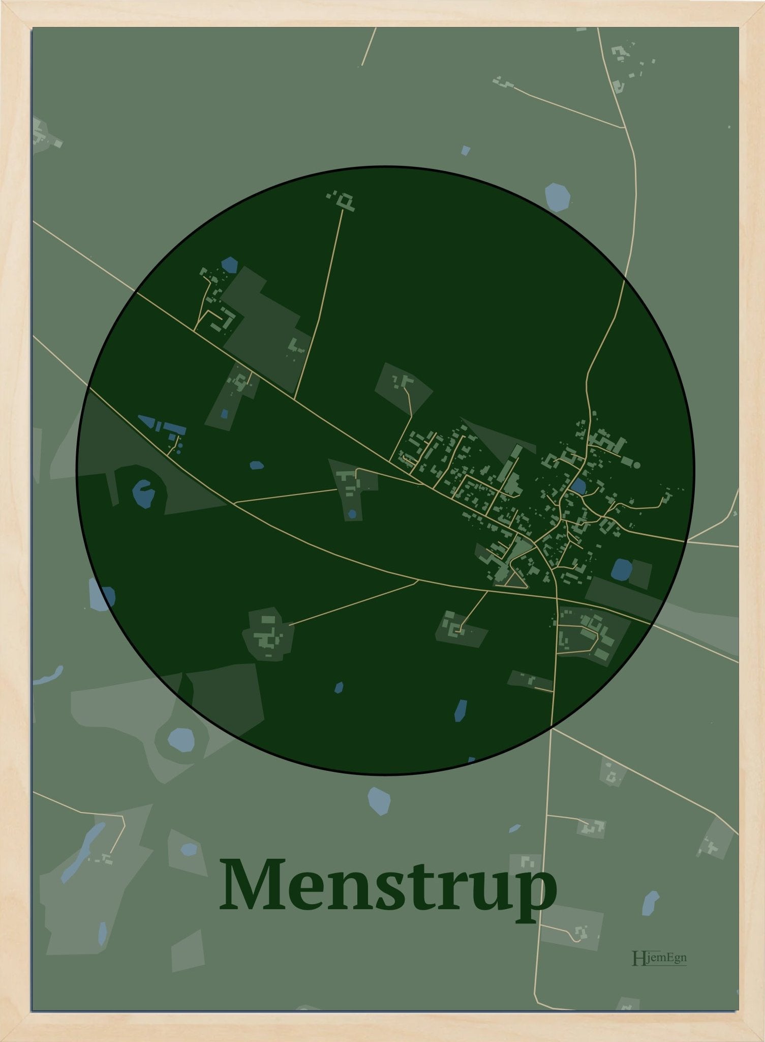 Menstrup plakat i farve mørk grøn og HjemEgn.dk design centrum. Design bykort for Menstrup