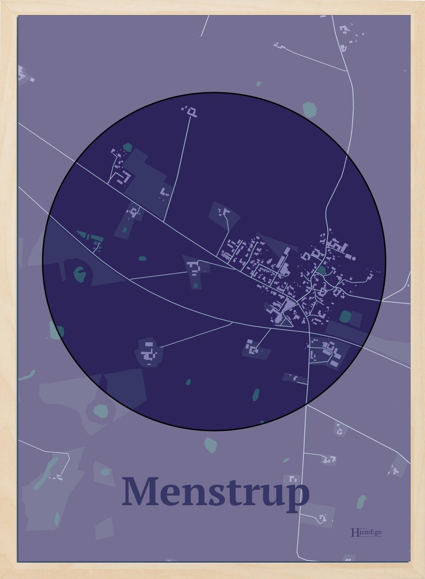 Menstrup plakat i farve mørk lilla og HjemEgn.dk design centrum. Design bykort for Menstrup