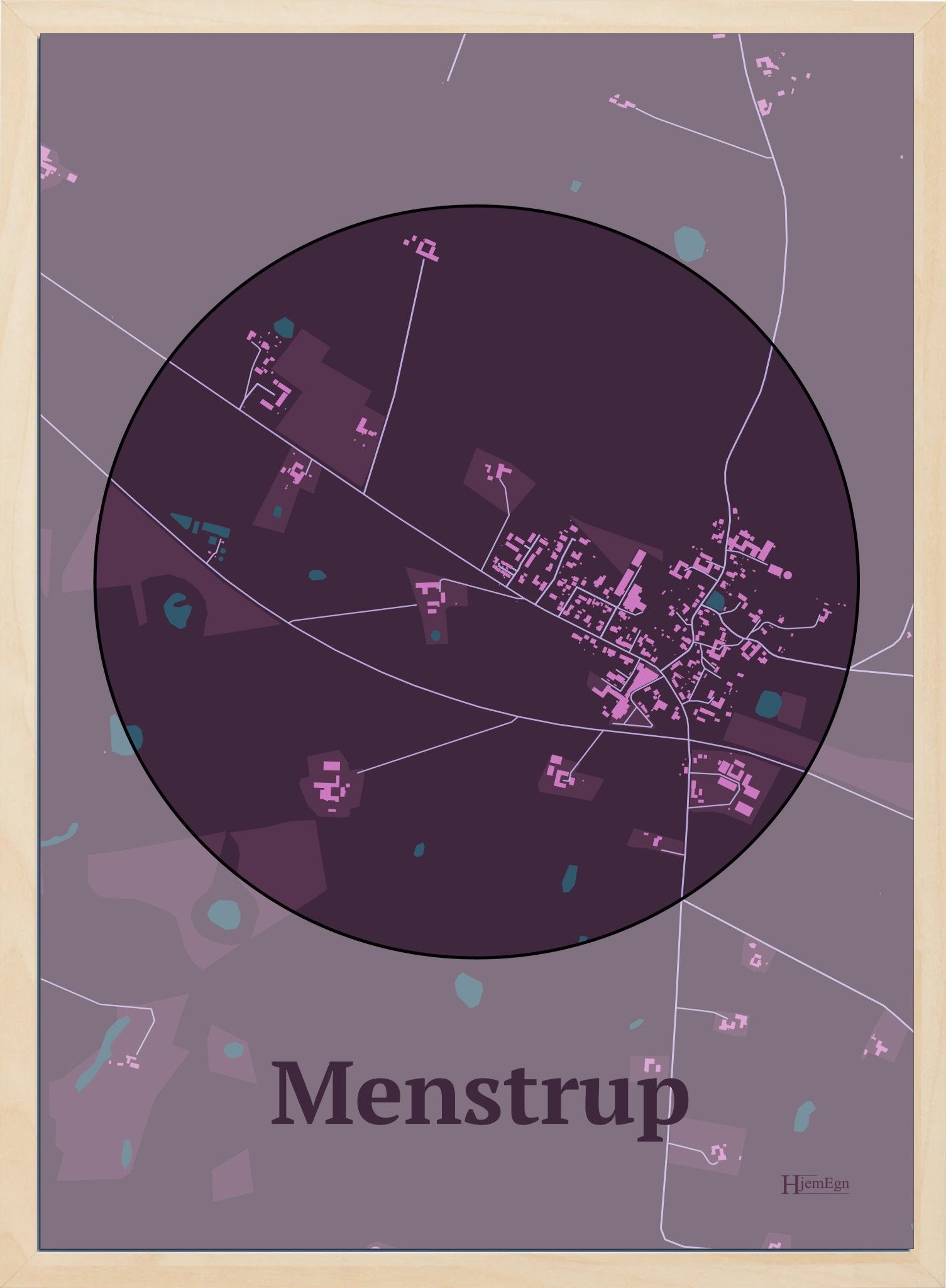 Menstrup plakat i farve mørk rød og HjemEgn.dk design centrum. Design bykort for Menstrup