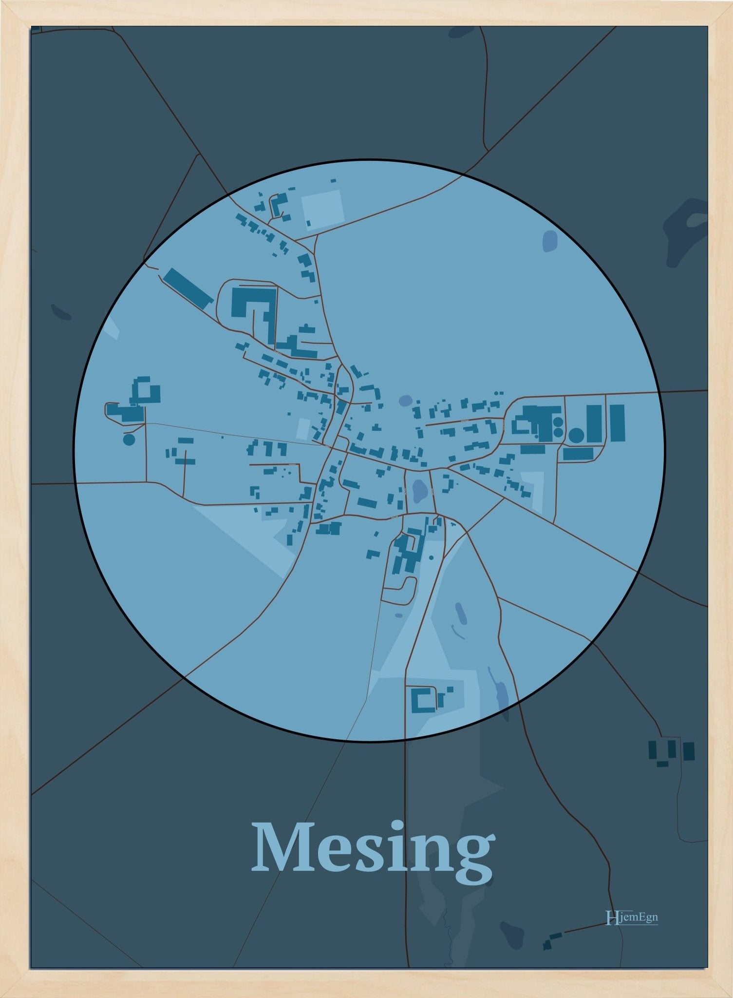 Mesing plakat i farve pastel blå og HjemEgn.dk design firkantet. Design bykort for Mesing
