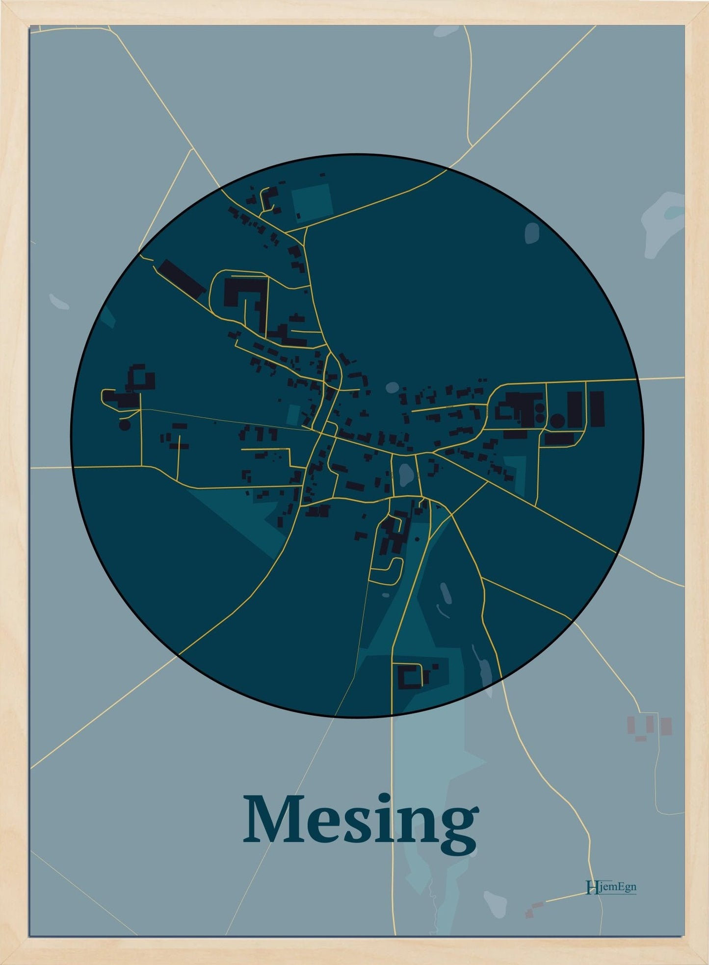 Mesing plakat i farve mørk blå og HjemEgn.dk design firkantet. Design bykort for Mesing