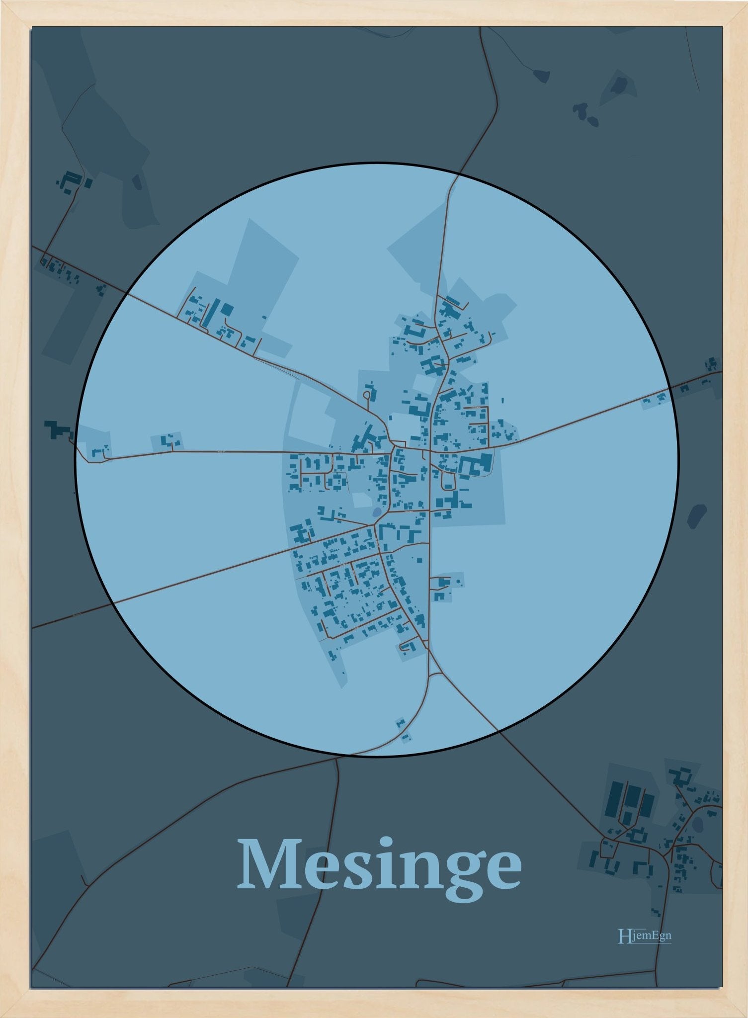 Mesinge plakat i farve pastel blå og HjemEgn.dk design firkantet. Design bykort for Mesinge