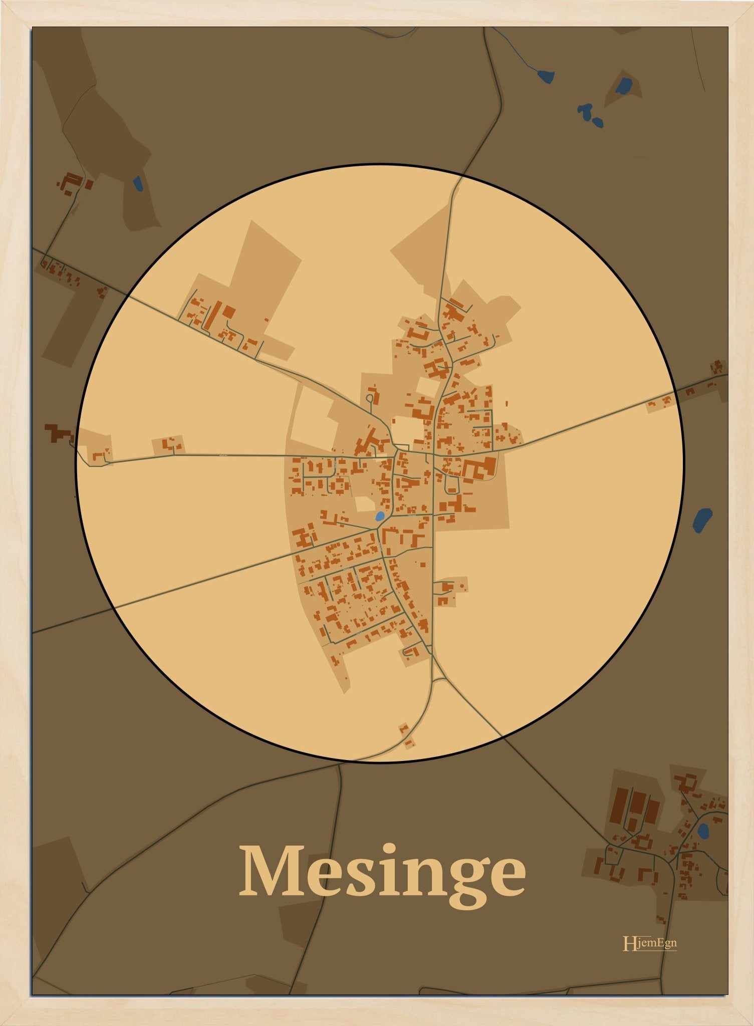 Mesinge plakat i farve pastel brun og HjemEgn.dk design firkantet. Design bykort for Mesinge