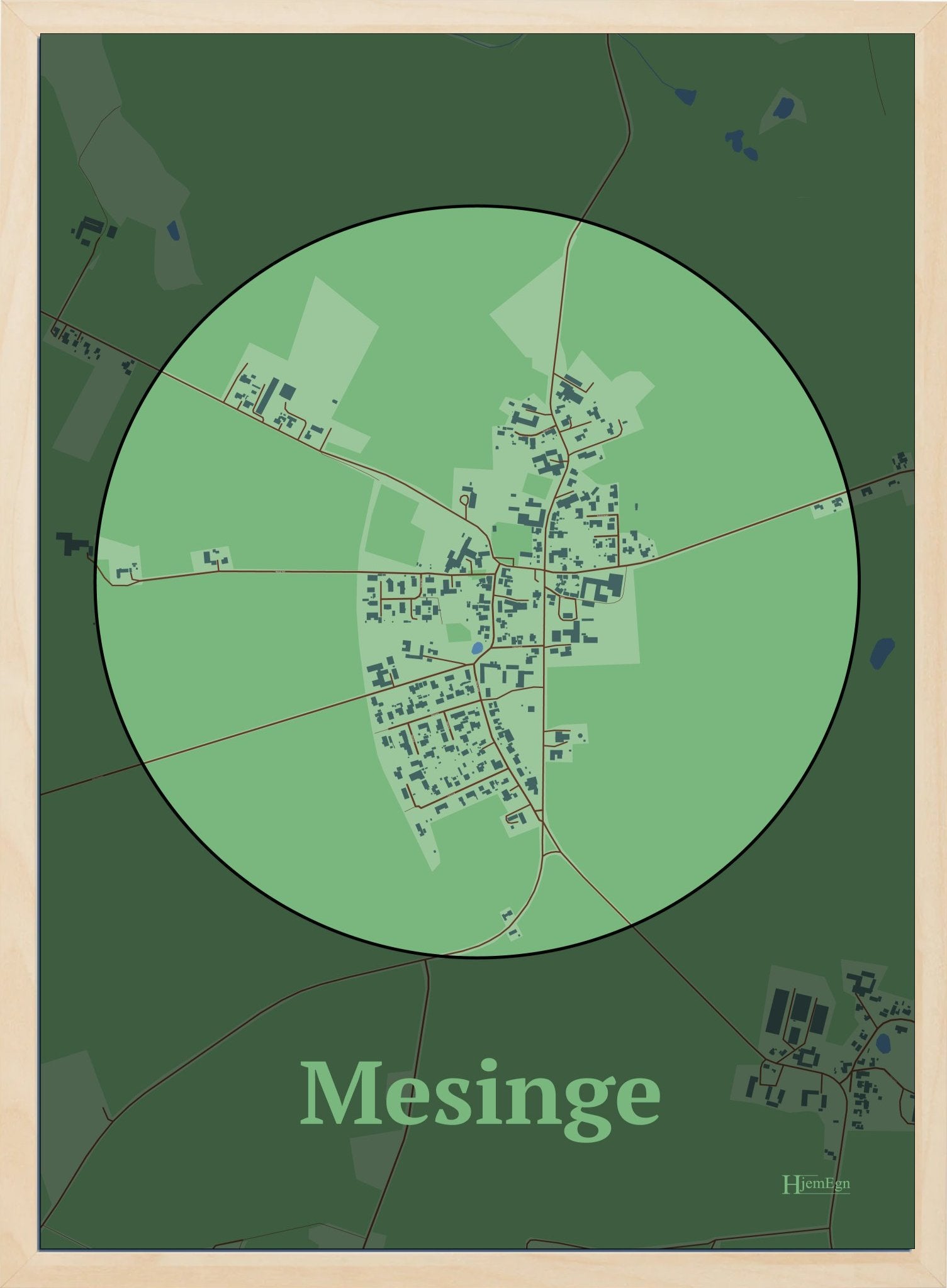 Mesinge plakat i farve pastel grøn og HjemEgn.dk design firkantet. Design bykort for Mesinge