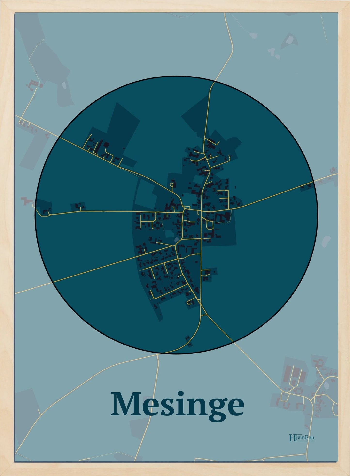 Mesinge plakat i farve mørk blå og HjemEgn.dk design firkantet. Design bykort for Mesinge