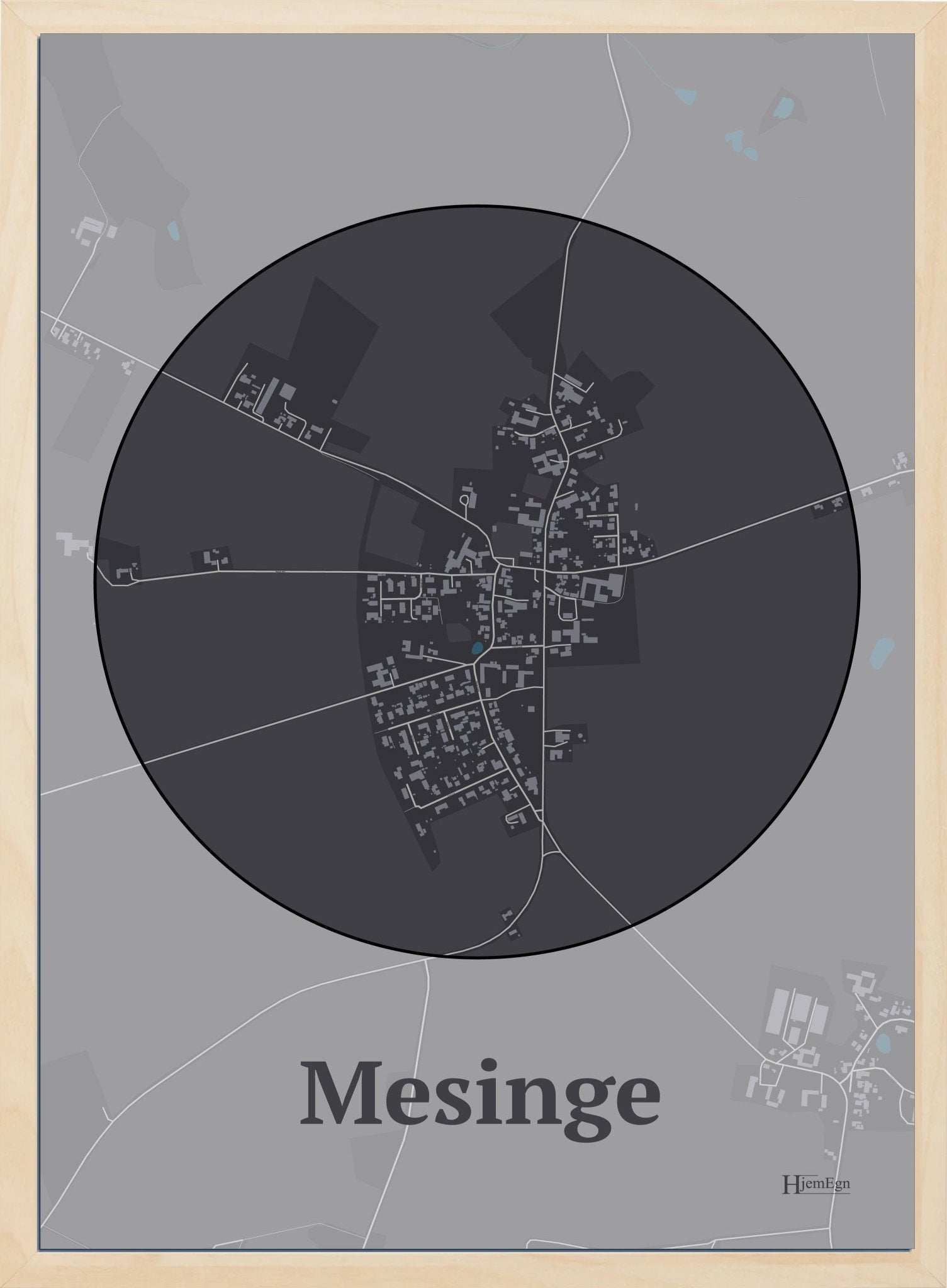Mesinge plakat i farve mørk brun og HjemEgn.dk design firkantet. Design bykort for Mesinge