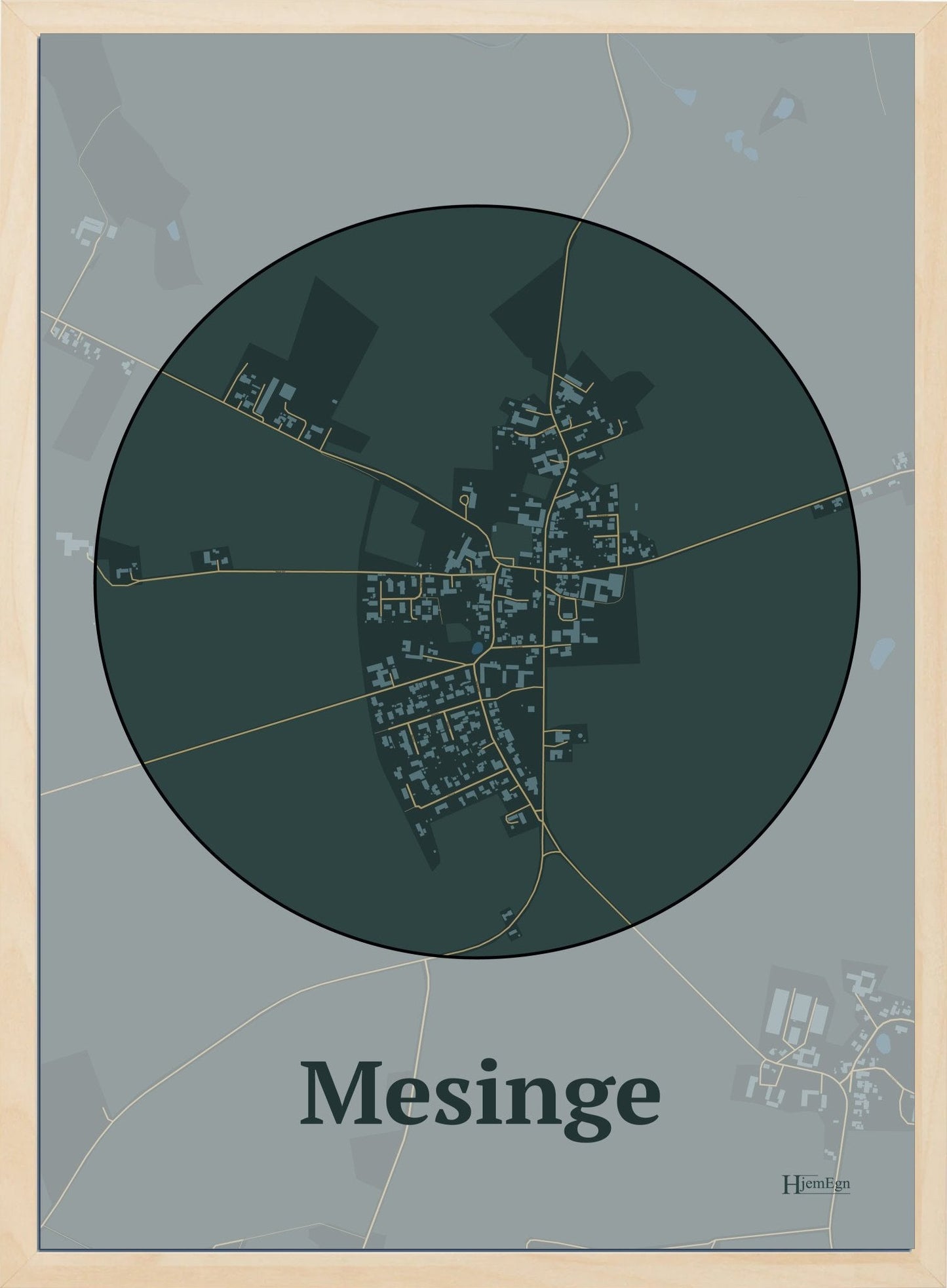 Mesinge plakat i farve mørk grøn og HjemEgn.dk design firkantet. Design bykort for Mesinge