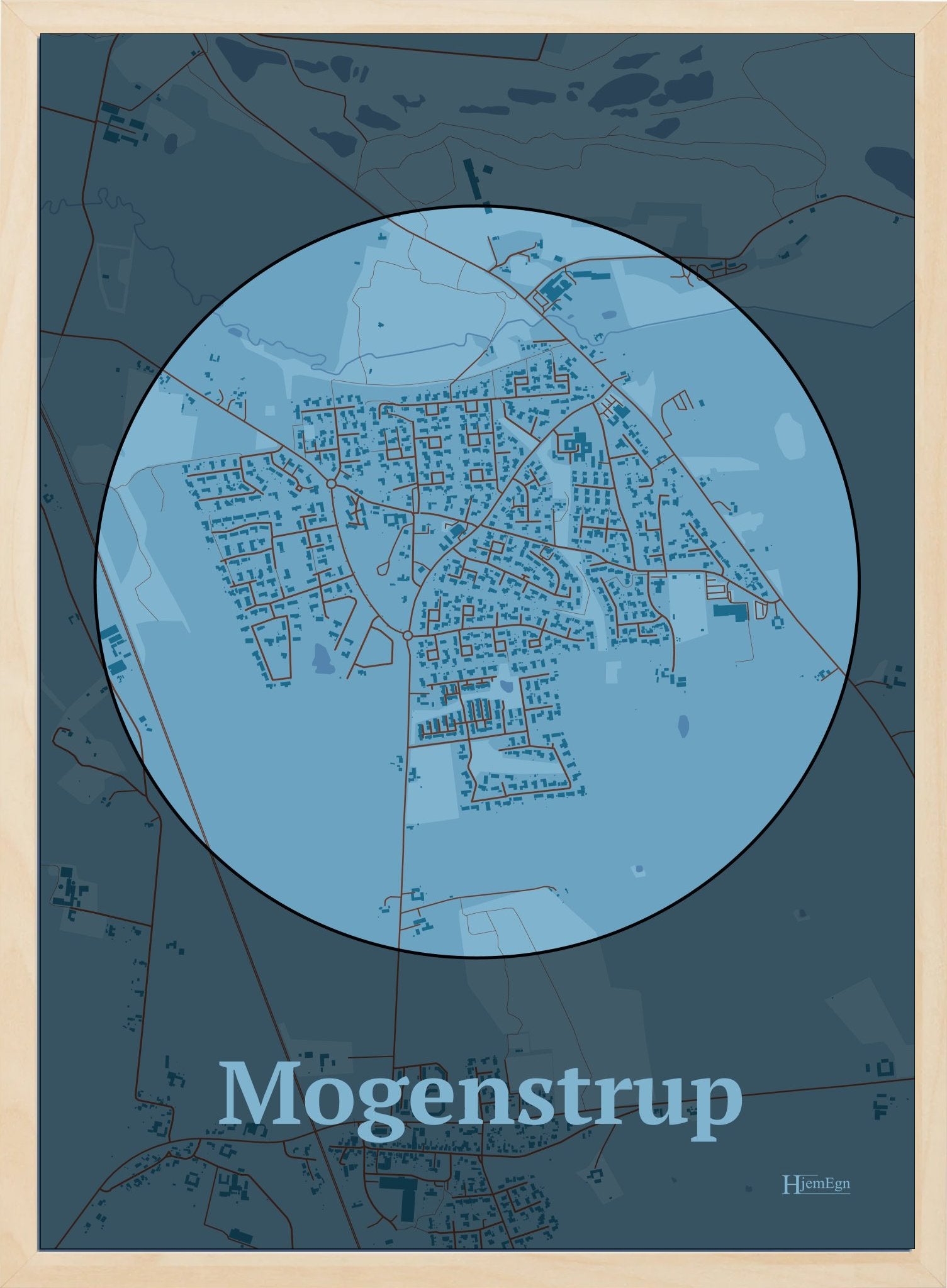 Mogenstrup plakat i farve pastel blå og HjemEgn.dk design centrum. Design bykort for Mogenstrup