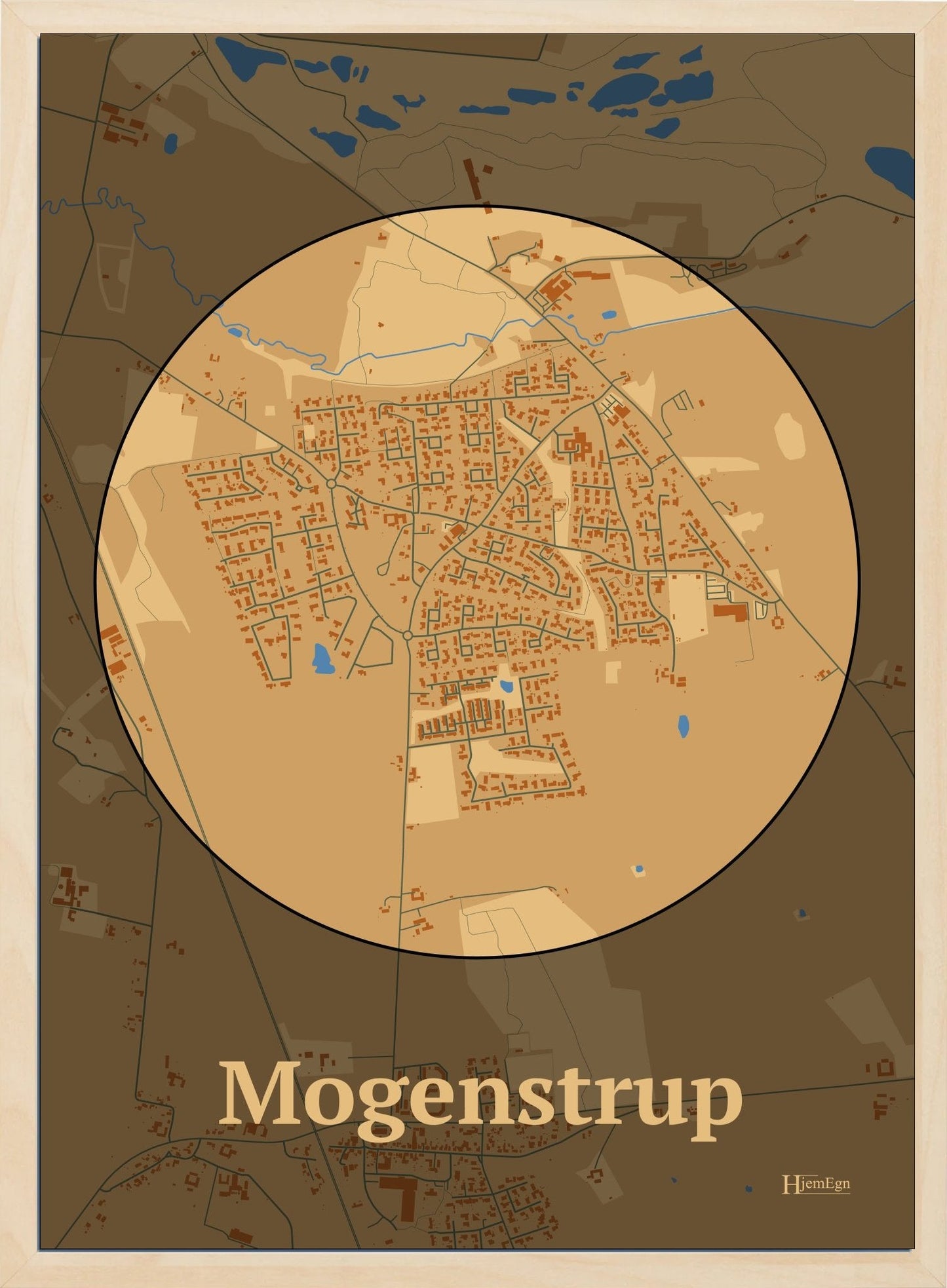 Mogenstrup plakat i farve pastel brun og HjemEgn.dk design centrum. Design bykort for Mogenstrup
