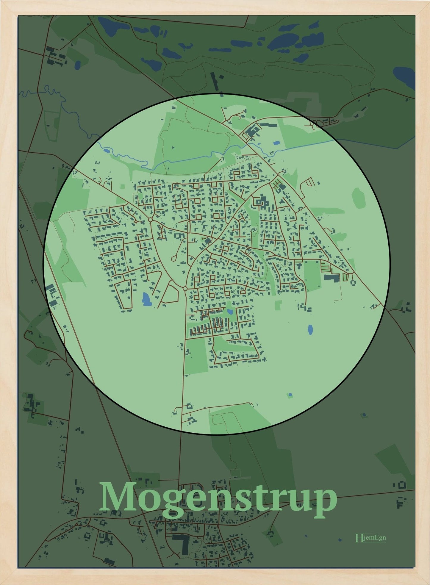 Mogenstrup plakat i farve pastel grøn og HjemEgn.dk design centrum. Design bykort for Mogenstrup