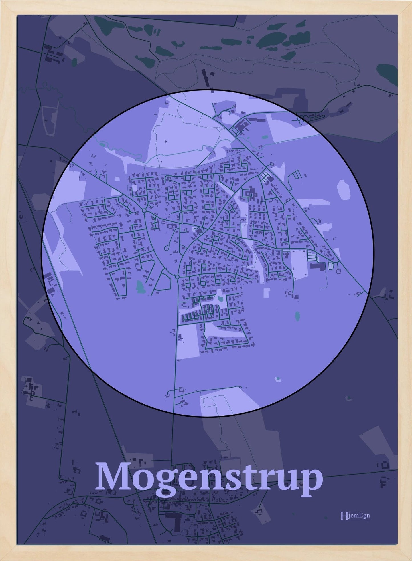 Mogenstrup plakat i farve pastel lilla og HjemEgn.dk design centrum. Design bykort for Mogenstrup