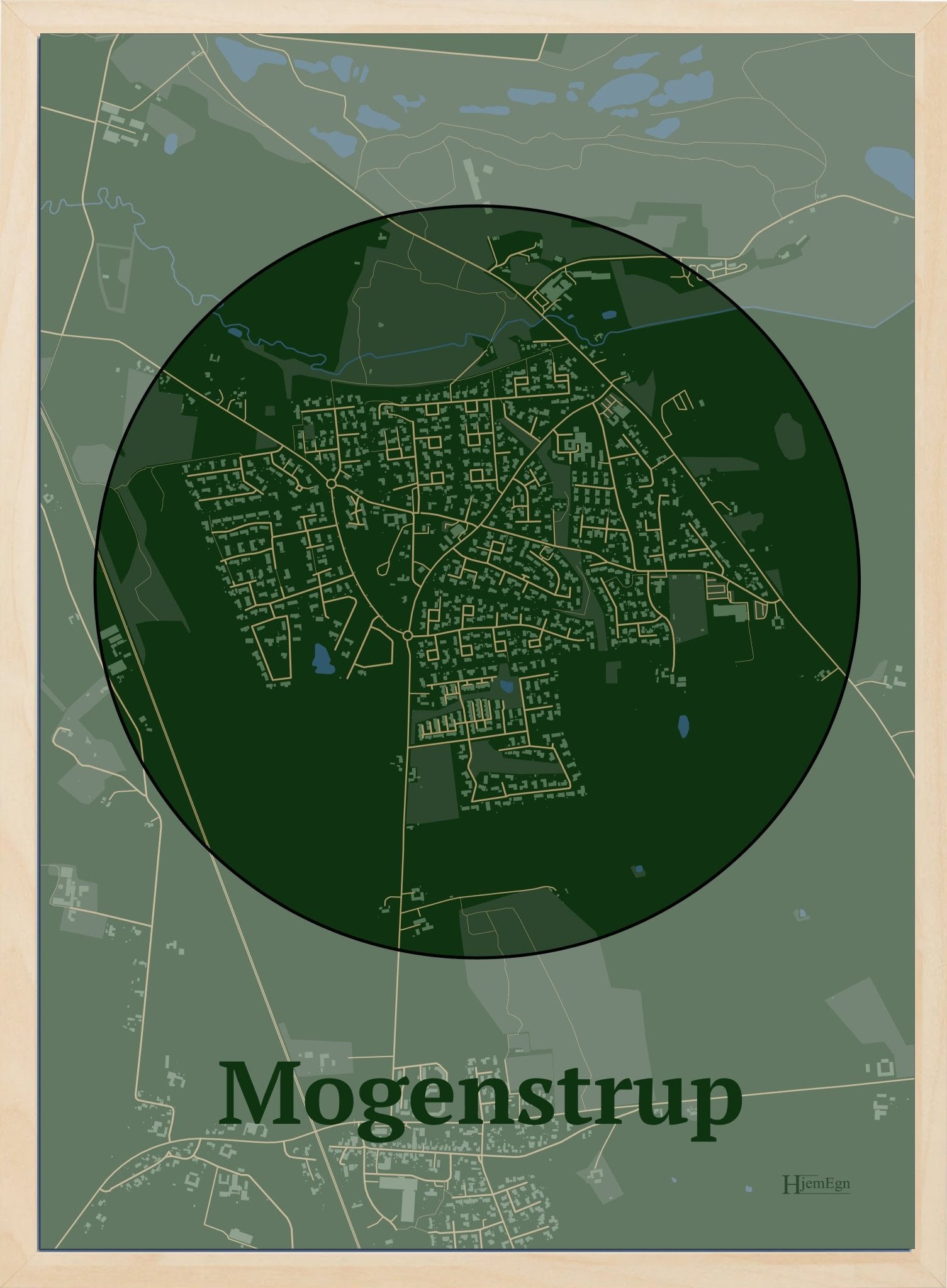 Mogenstrup plakat i farve mørk grøn og HjemEgn.dk design centrum. Design bykort for Mogenstrup