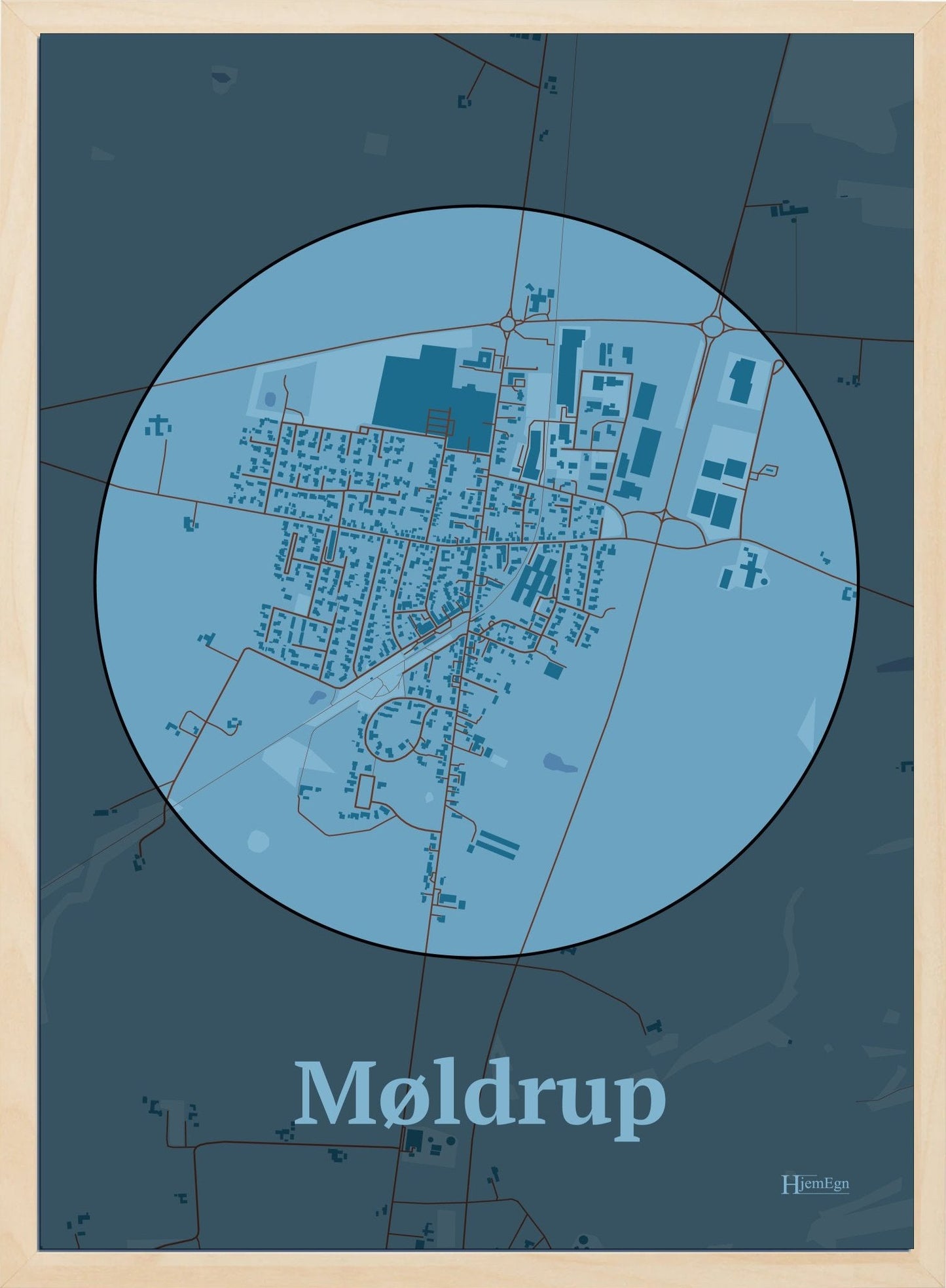 Møldrup plakat i farve pastel blå og HjemEgn.dk design centrum. Design bykort for Møldrup