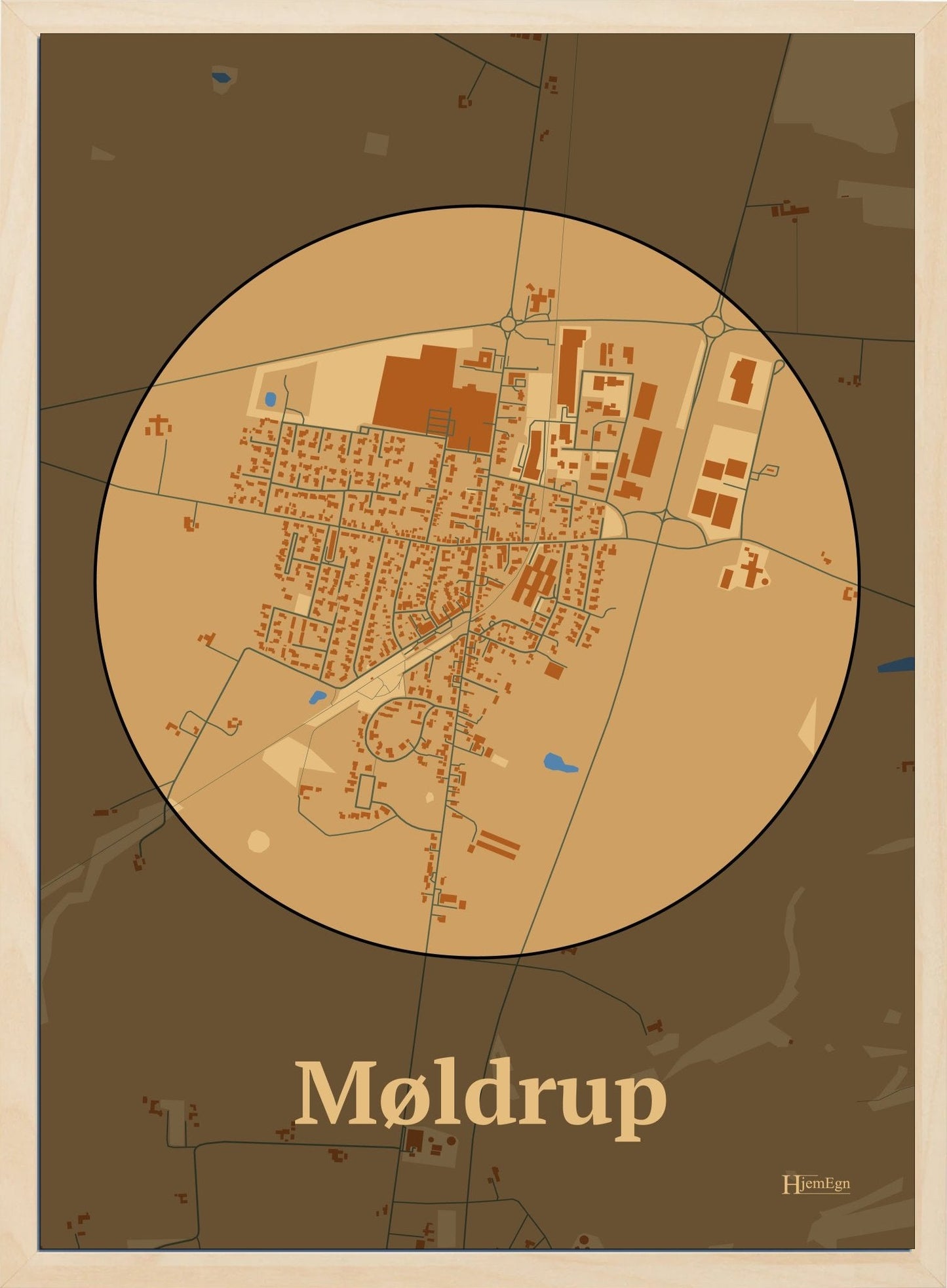 Møldrup plakat i farve pastel brun og HjemEgn.dk design centrum. Design bykort for Møldrup