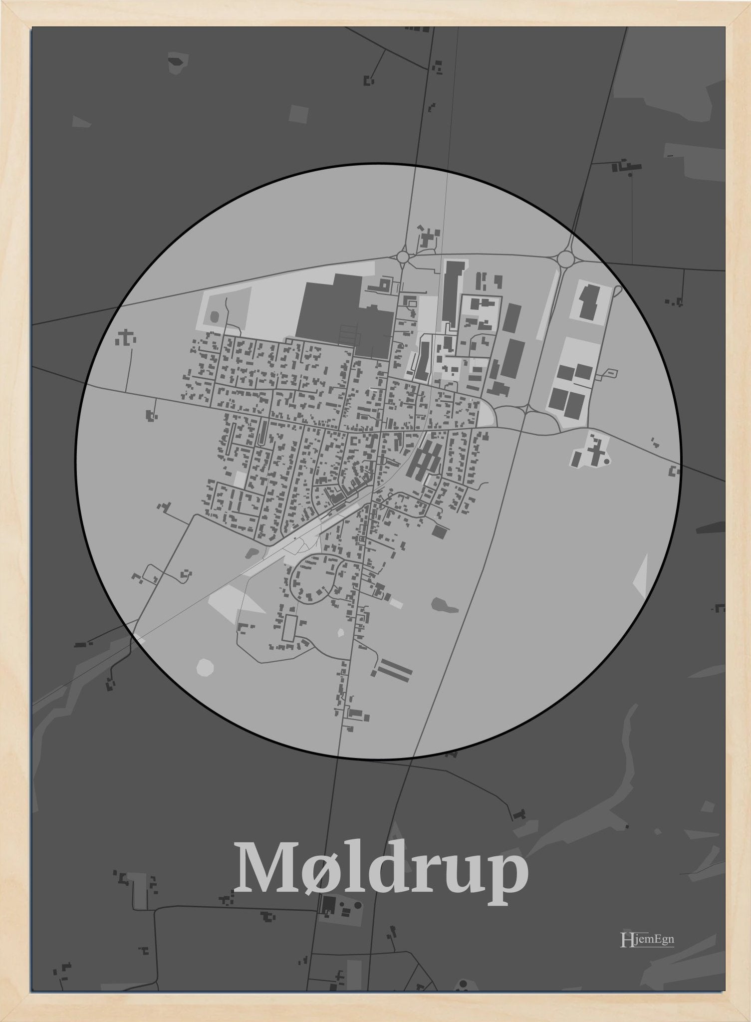 Møldrup plakat i farve pastel grå og HjemEgn.dk design centrum. Design bykort for Møldrup