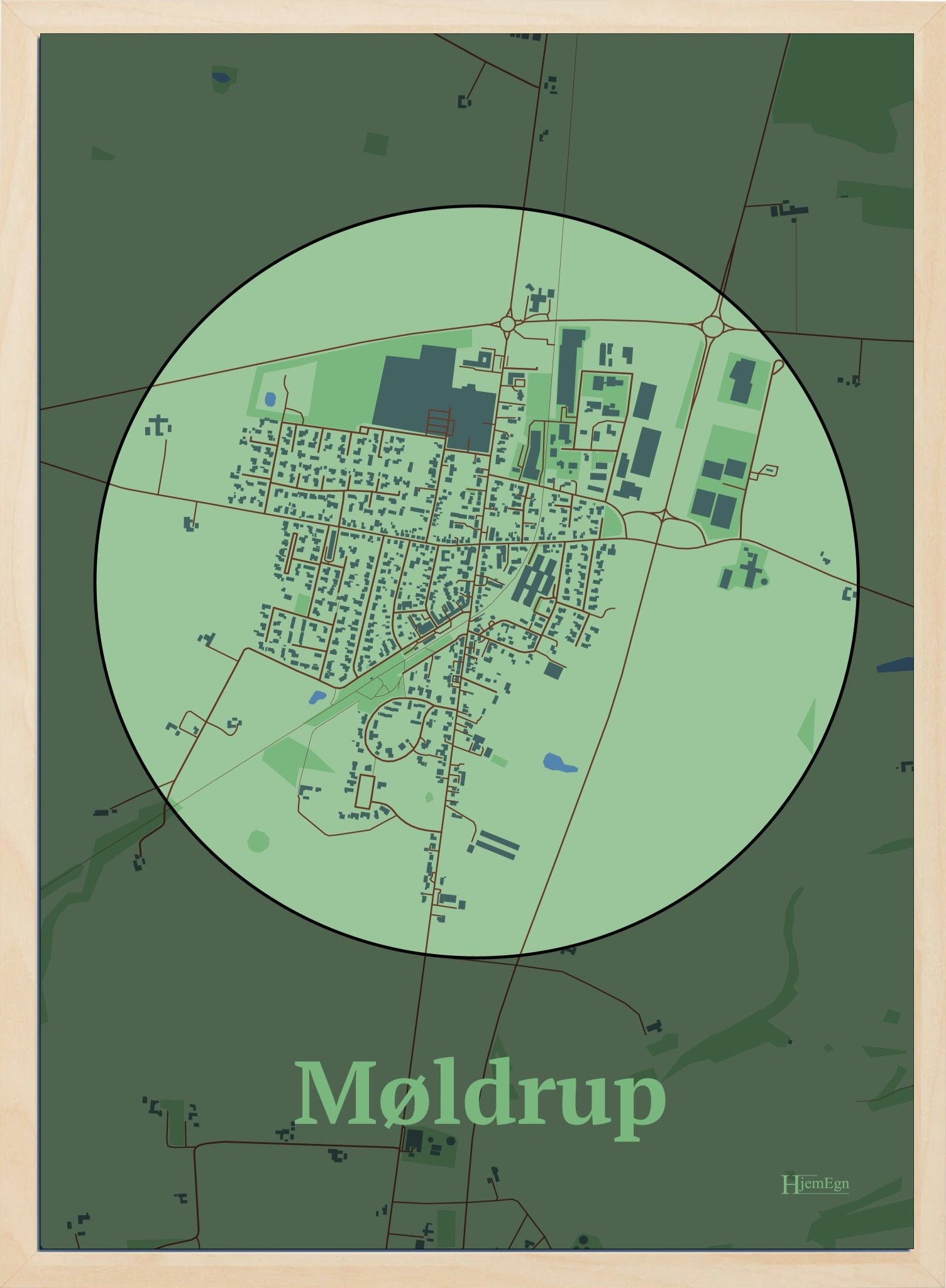 Møldrup plakat i farve pastel grøn og HjemEgn.dk design centrum. Design bykort for Møldrup