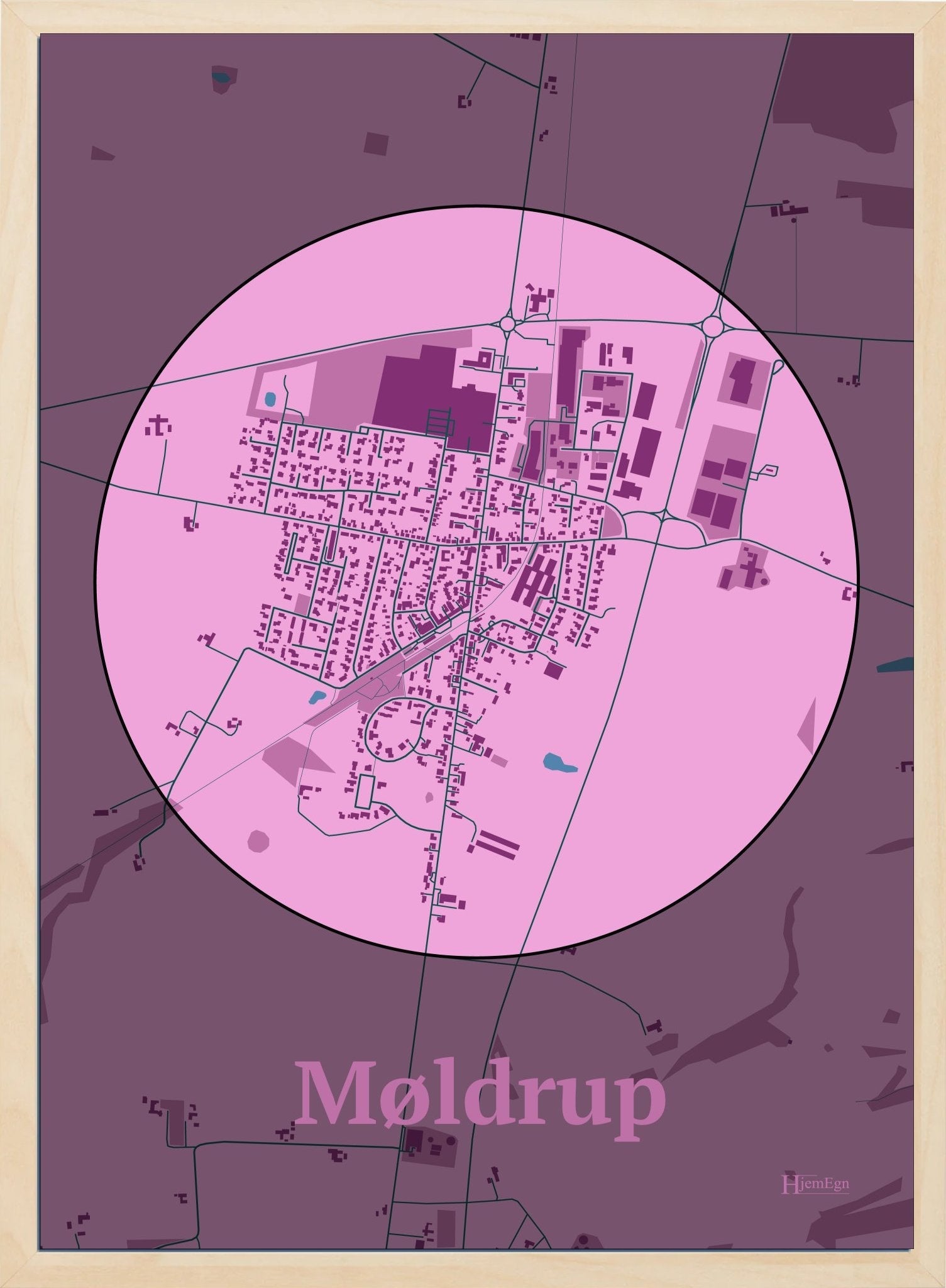 Møldrup plakat i farve pastel rød og HjemEgn.dk design centrum. Design bykort for Møldrup