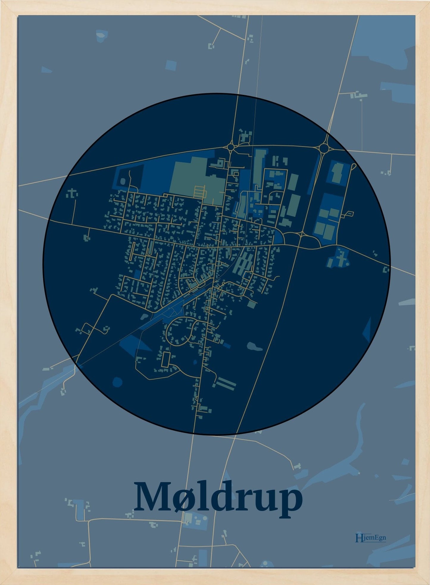 Møldrup plakat i farve mørk blå og HjemEgn.dk design centrum. Design bykort for Møldrup