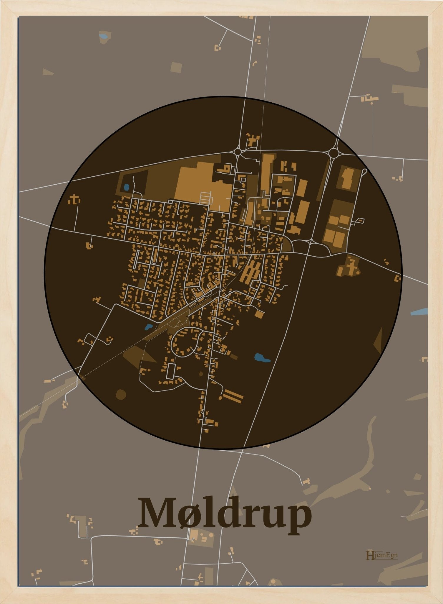 Møldrup plakat i farve mørk brun og HjemEgn.dk design centrum. Design bykort for Møldrup