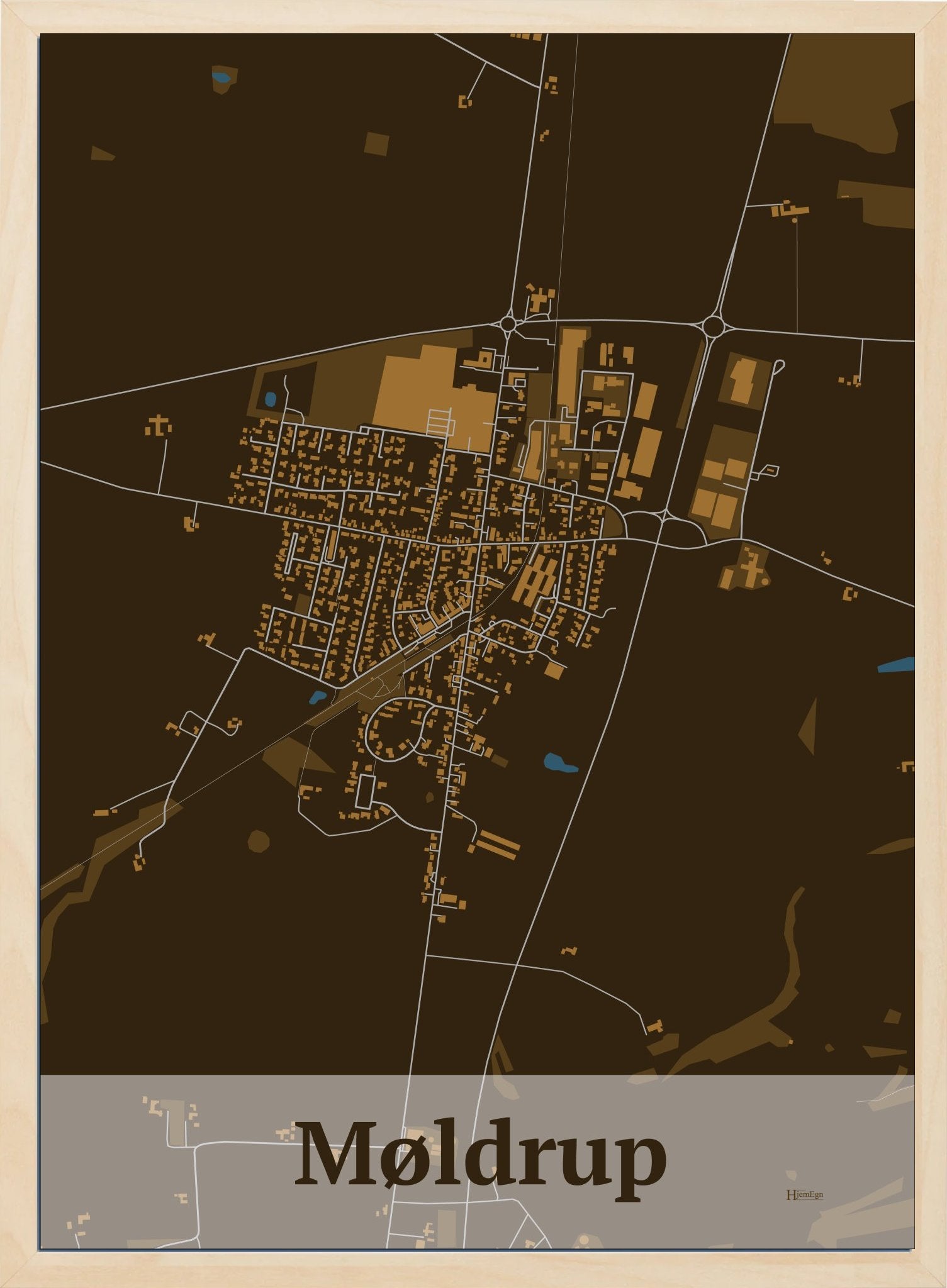 Møldrup plakat i farve mørk brun og HjemEgn.dk design firkantet. Design bykort for Møldrup