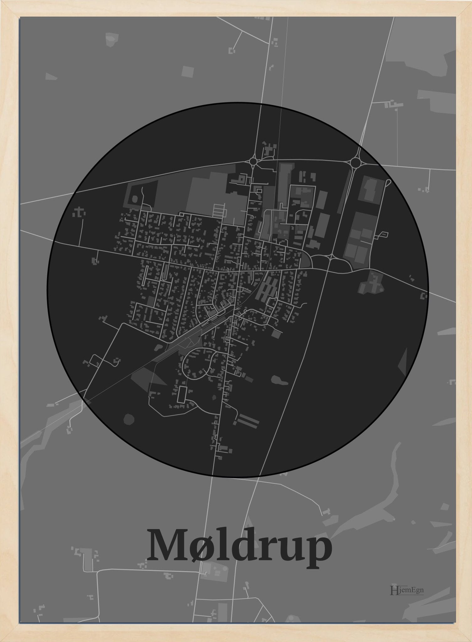 Møldrup plakat i farve mørk grå og HjemEgn.dk design centrum. Design bykort for Møldrup