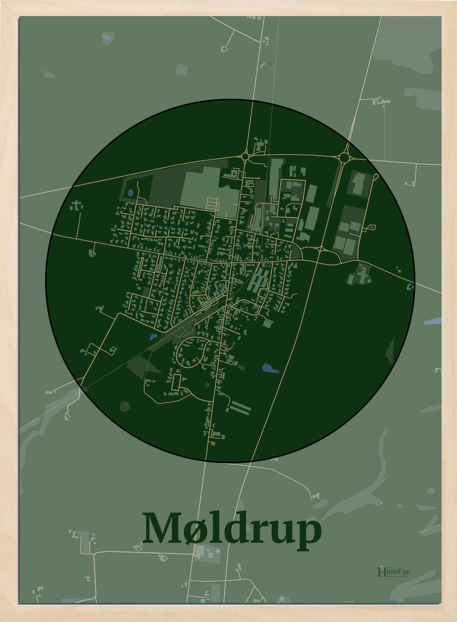 Møldrup plakat i farve mørk grøn og HjemEgn.dk design centrum. Design bykort for Møldrup