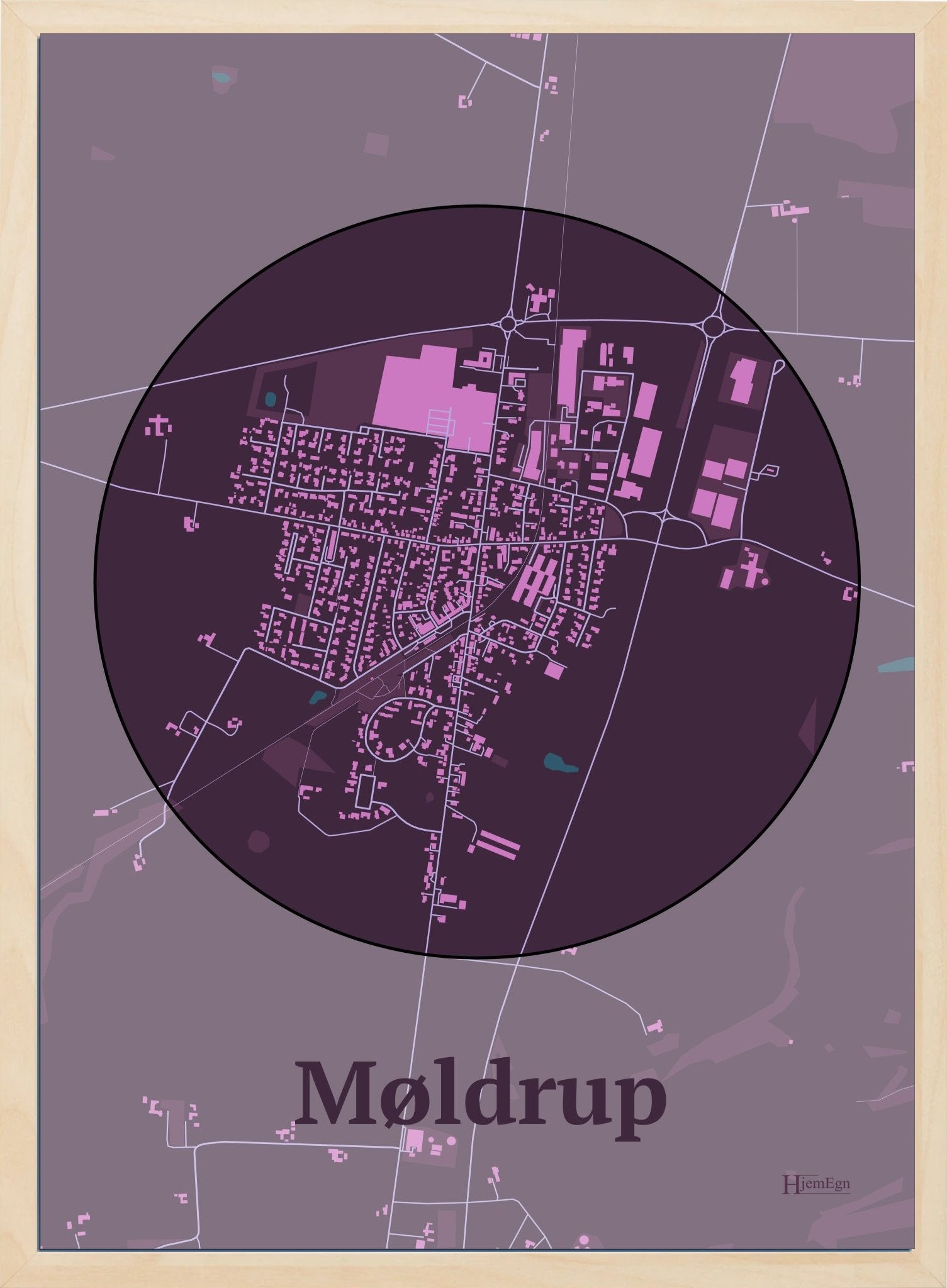 Møldrup plakat i farve mørk rød og HjemEgn.dk design centrum. Design bykort for Møldrup